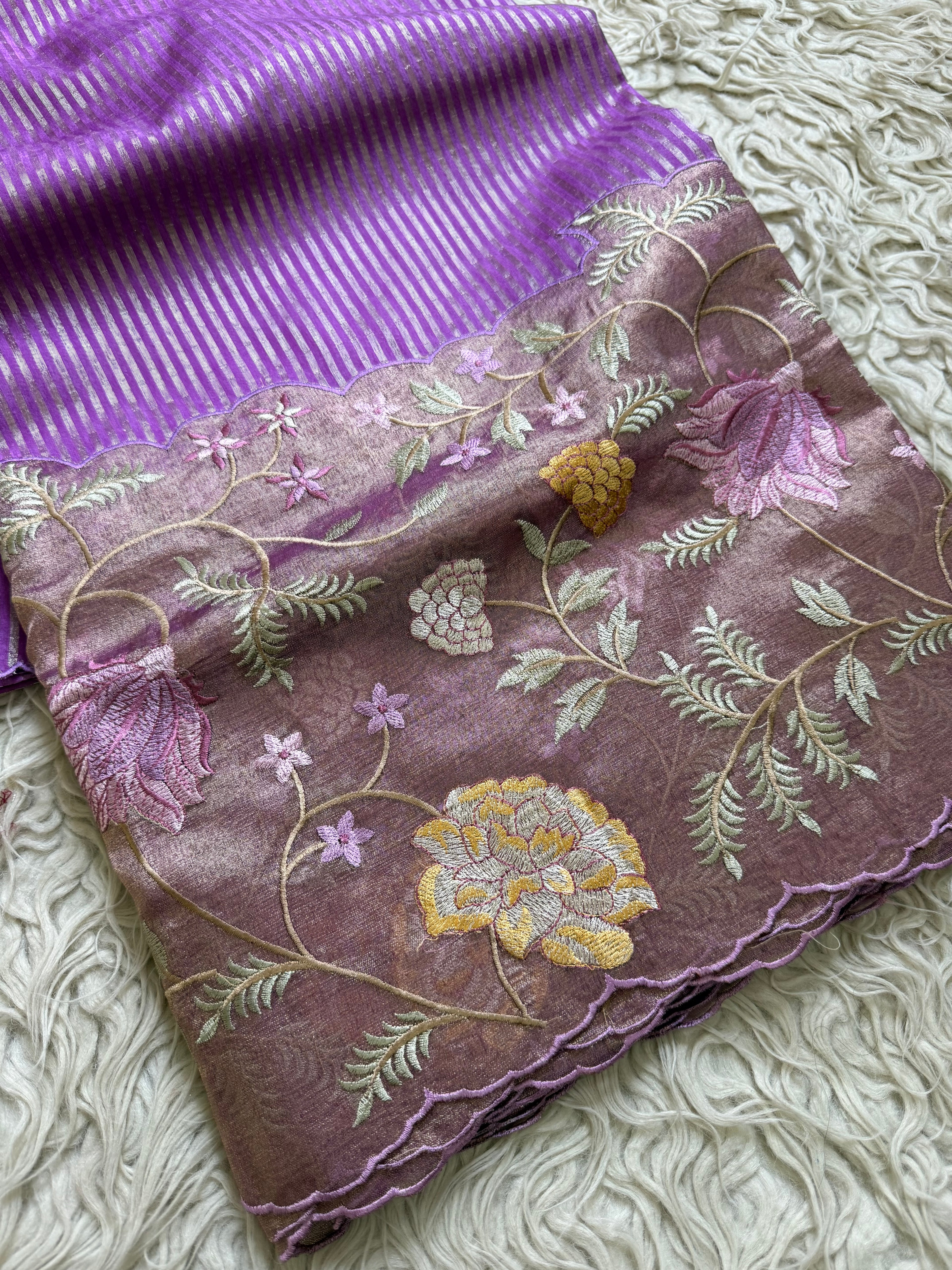 Lavender Designer Chiniya Tissue Silk Stripe Saree with multi color floral embroidered on Tissue Base