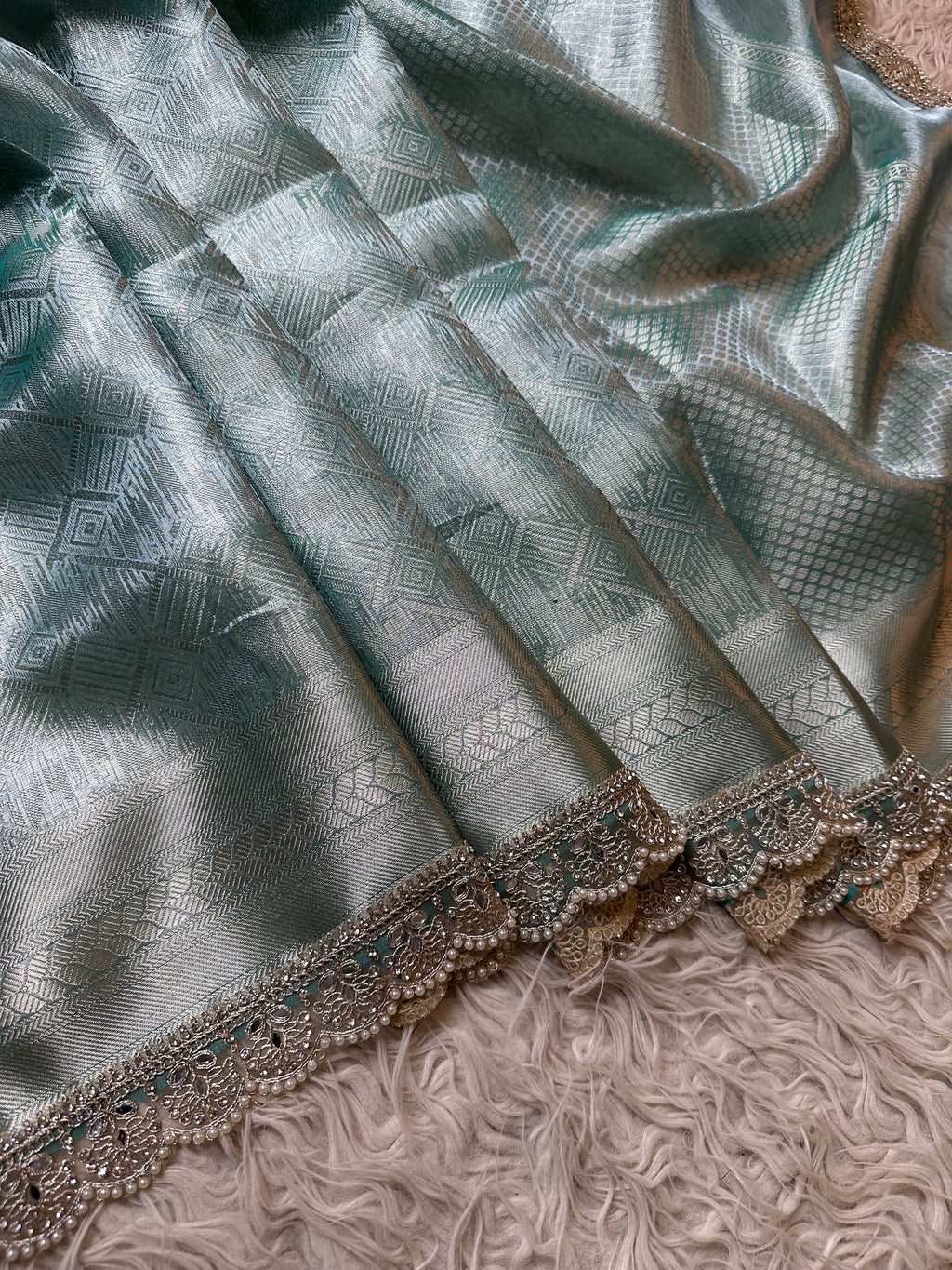 Bridal Kanjeevaram Brocade Tissue Saree with Designer Pearl and Mirror Lace Work