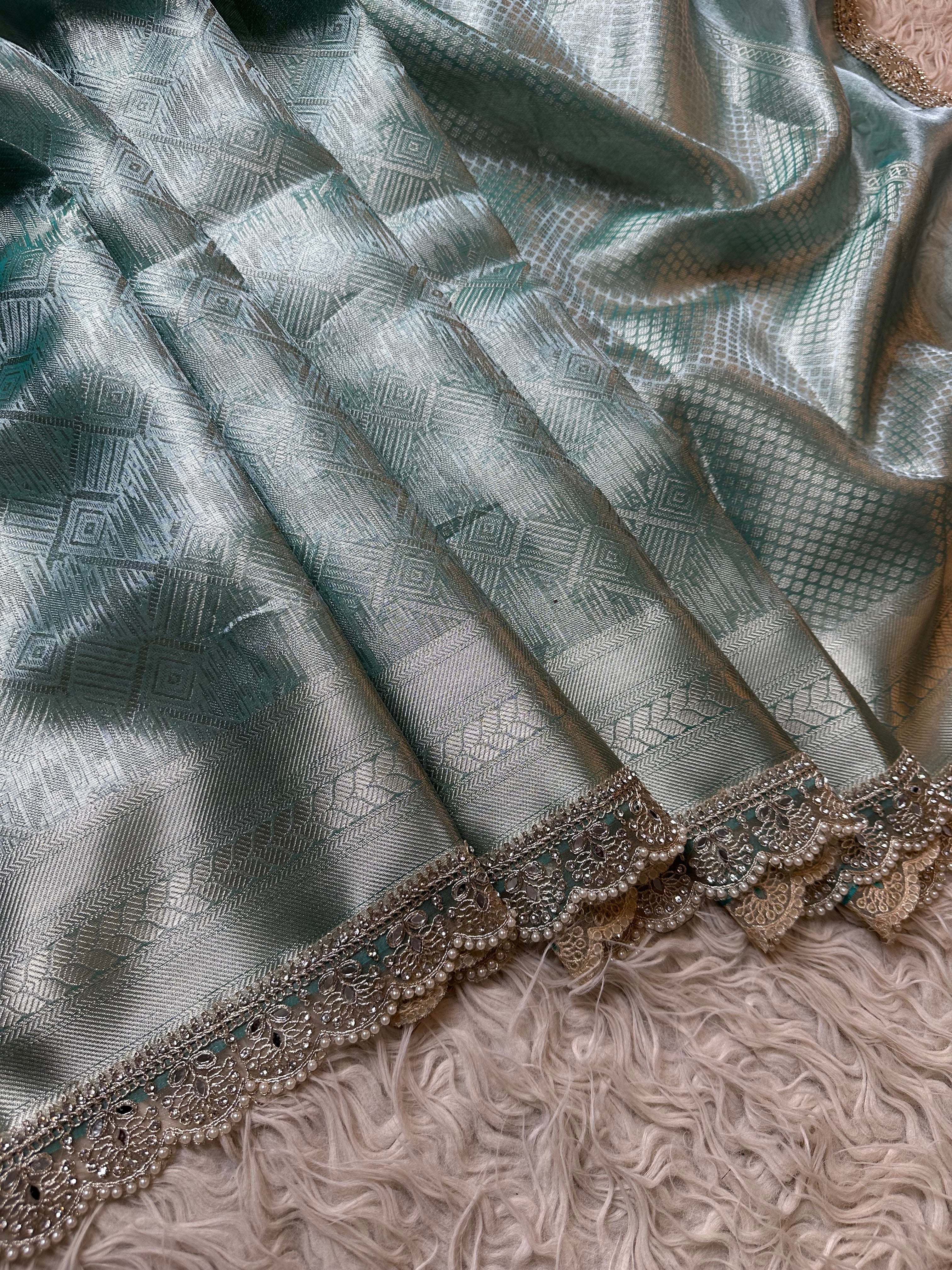 Bridal Kanjeevaram Brocade Tissue Saree with Designer Pearl and Mirror Lace Work