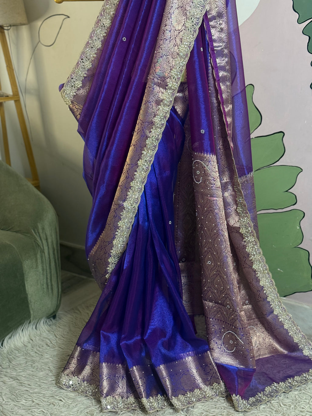 Designer Banarasi Tissue Saree with Pearl Work on all over Body with Intricate Border and Pallu Design Along with Gotta Patti Lace Work