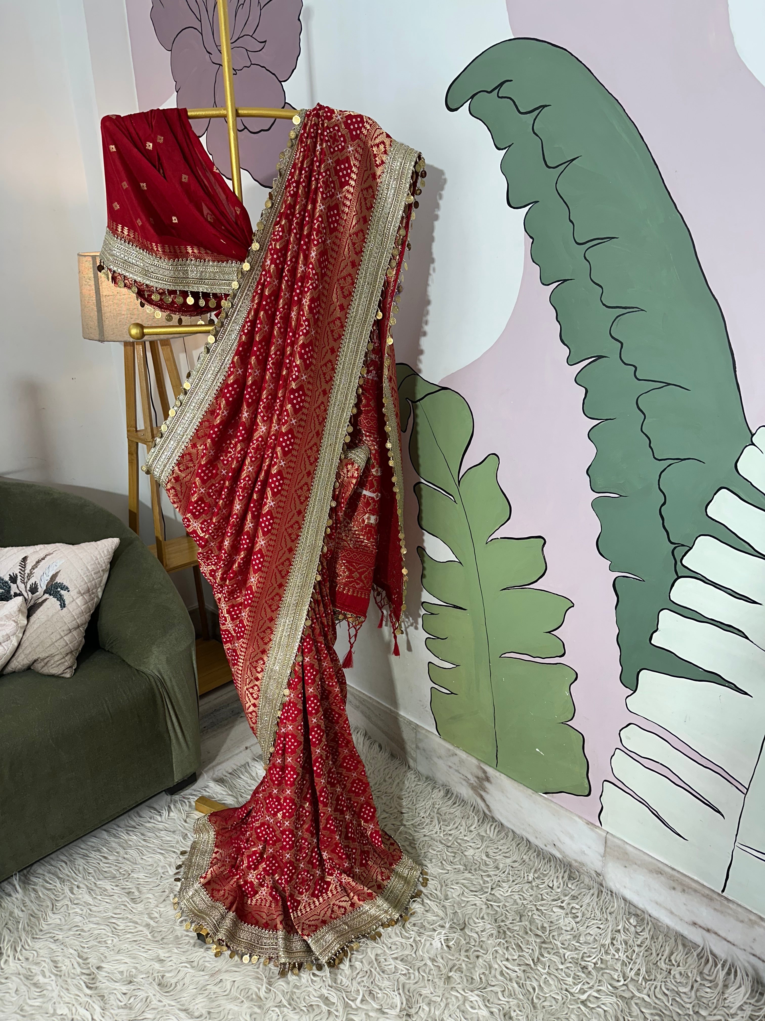 Red Designer Georgette Katan Silk Saree with Gota Patti and Coin lace