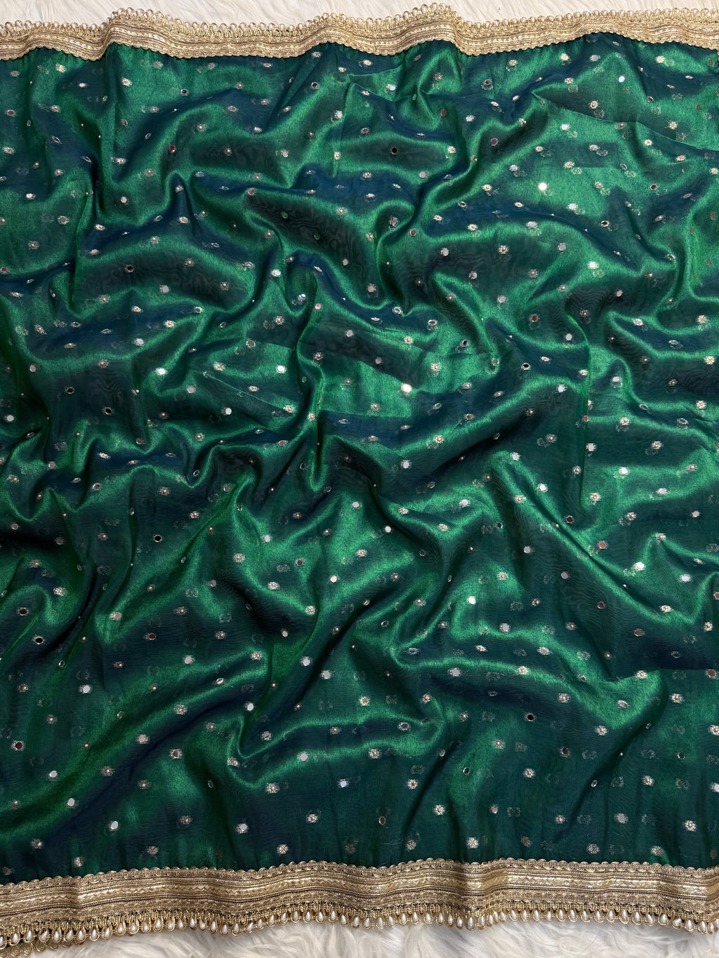 Peacock green shade mirror work tissue Banarasi saree with gotta patti