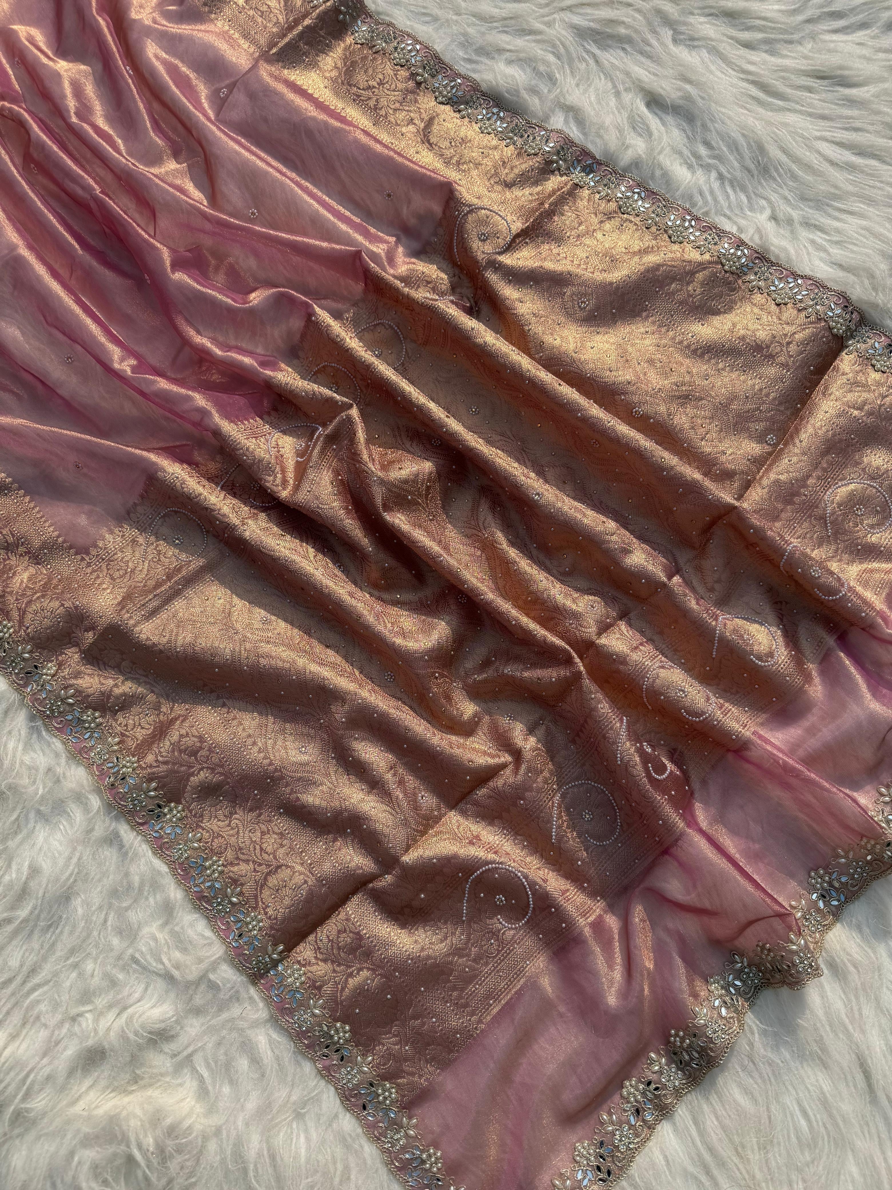 Designer Banarasi Tissue Saree with Pearl Work on all over Body with Intricate Border and Pallu Design Along with Gotta Patti Lace Work