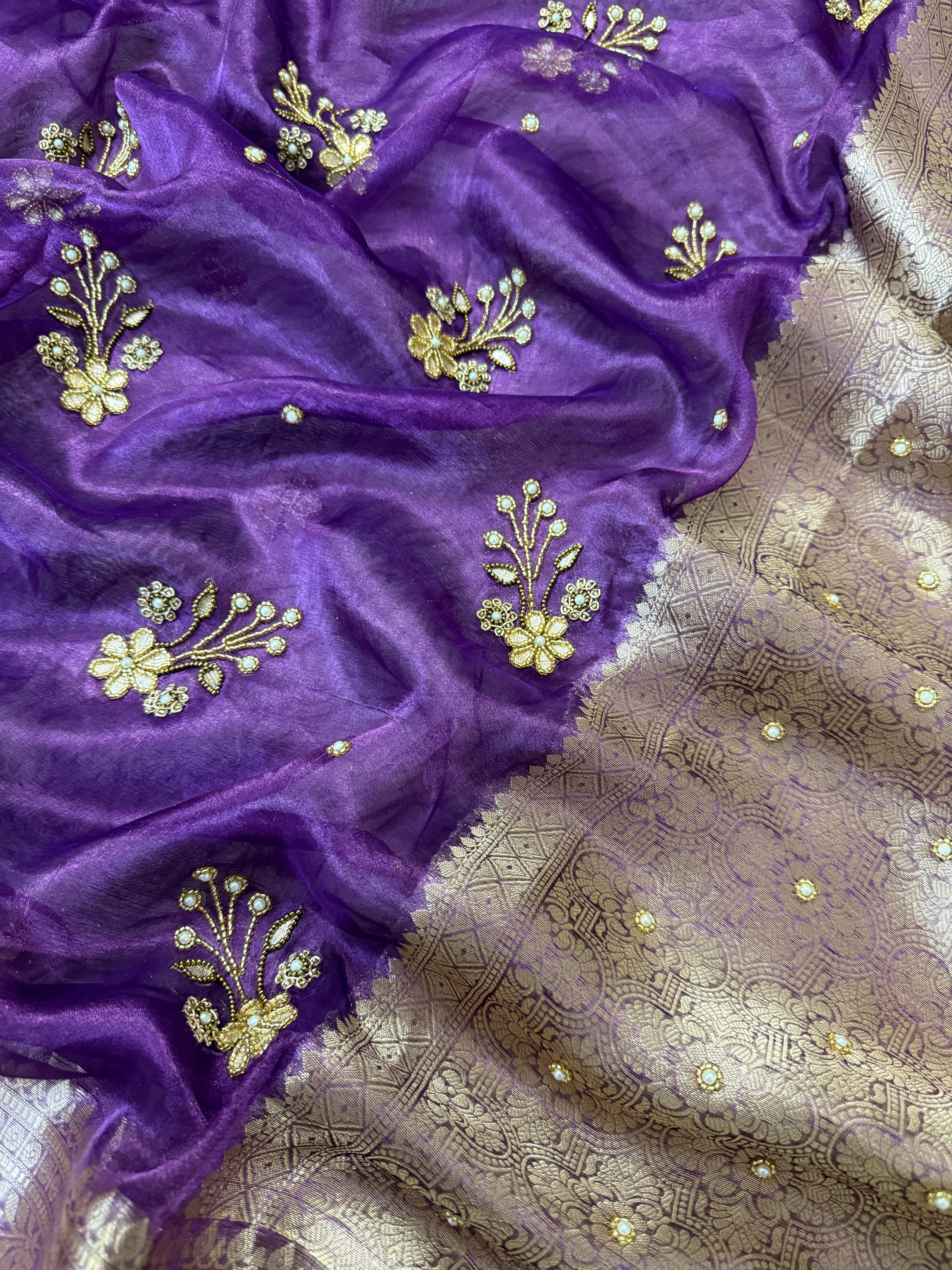 100%Pure Banarasi Tissue Saree with Hand Work on all over Body with Intricate Border and Pallu Design Along with Gotta Patti Lace Work