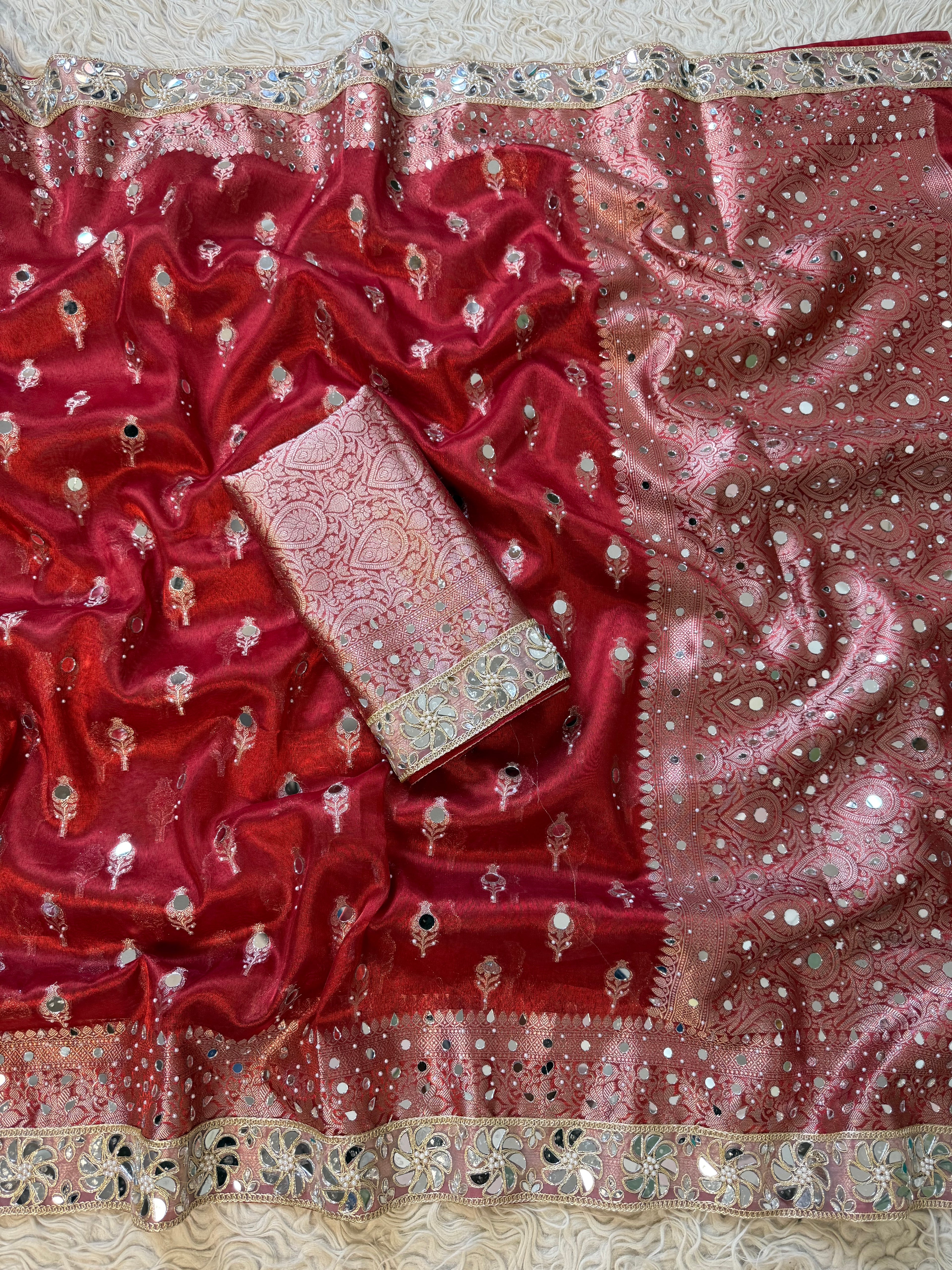 Designer Banarasi Tissue Saree with Pearl and mirror Work on all over Body with Intricate Border and Pallu Design Along with Gotta Patti Lace Work