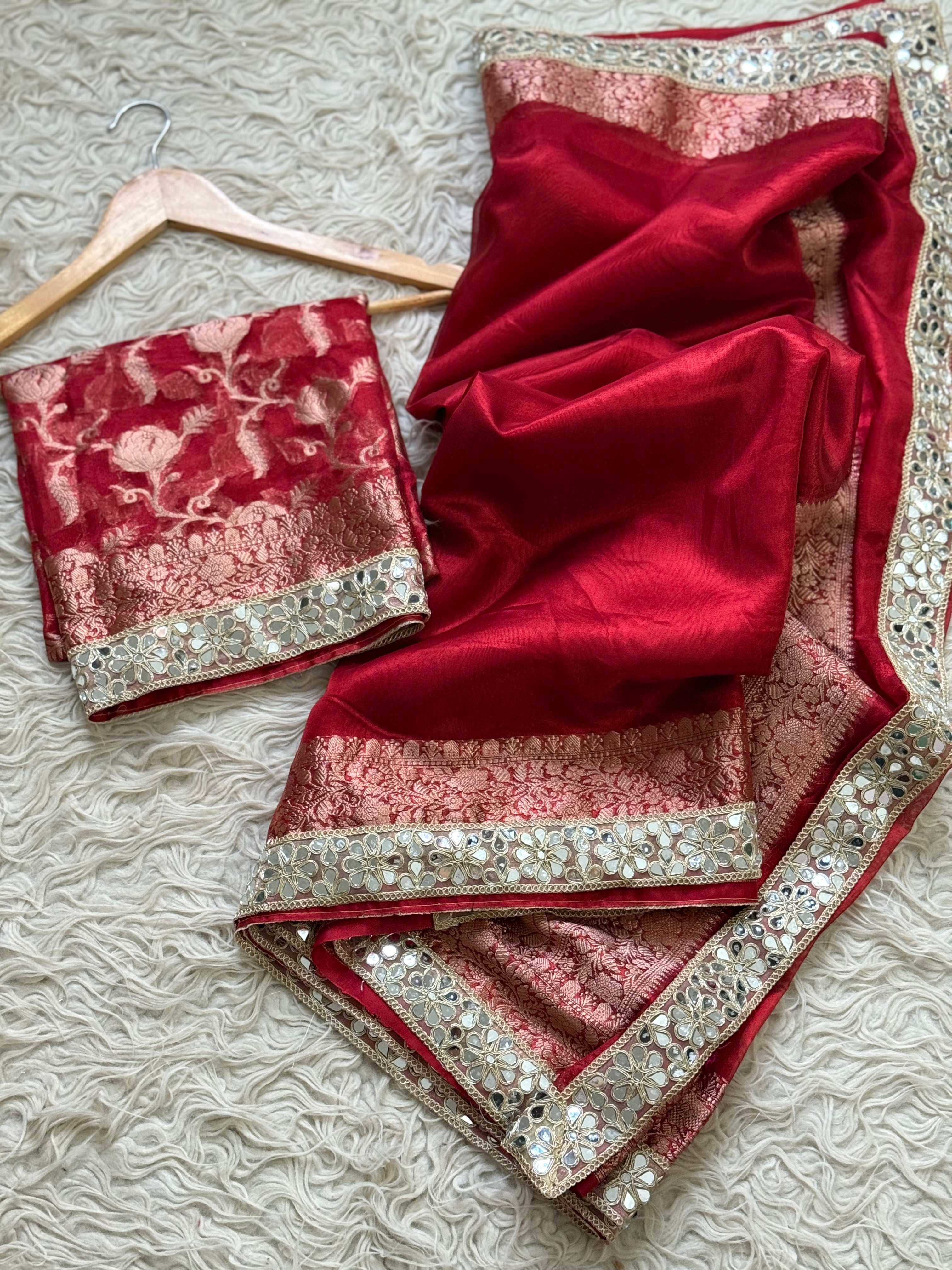 Red designer tissue saree with lovely mirror lace