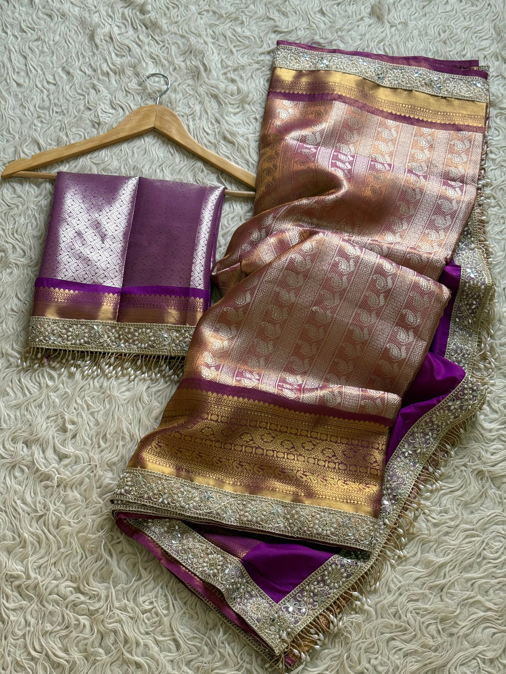 Magenta Bridal Kanjeevaram Brocade Tissue Saree with Designer Pearl and Mirror Lace Work Jhalar Lace on Pallu