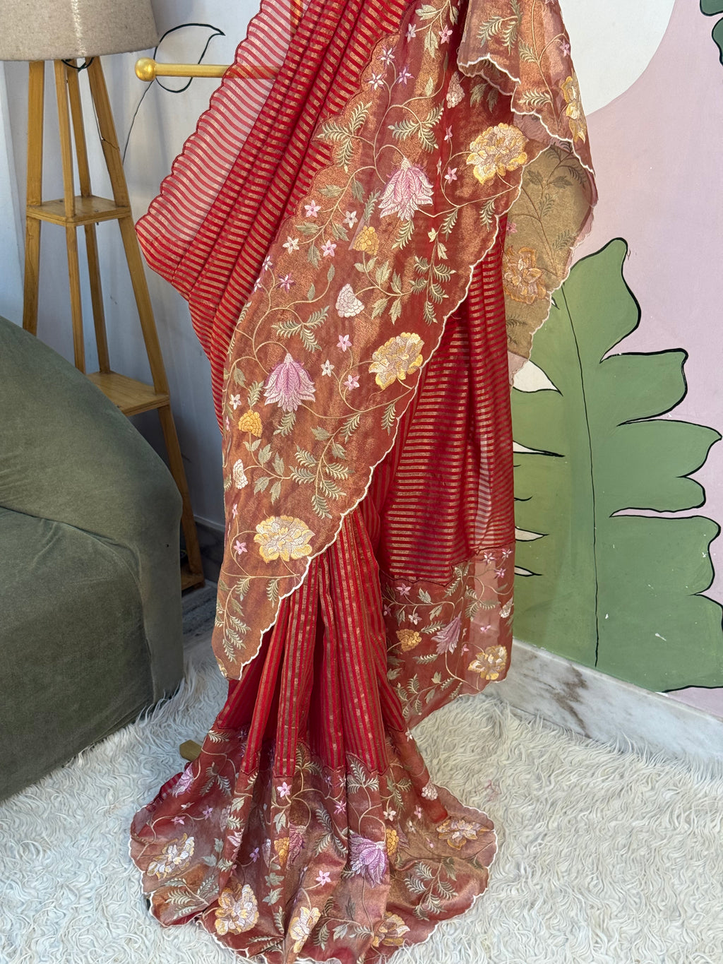 Red Designer Chiniya Tissue Silk Stripe Saree with multi color floral embroidered on Tissue Base