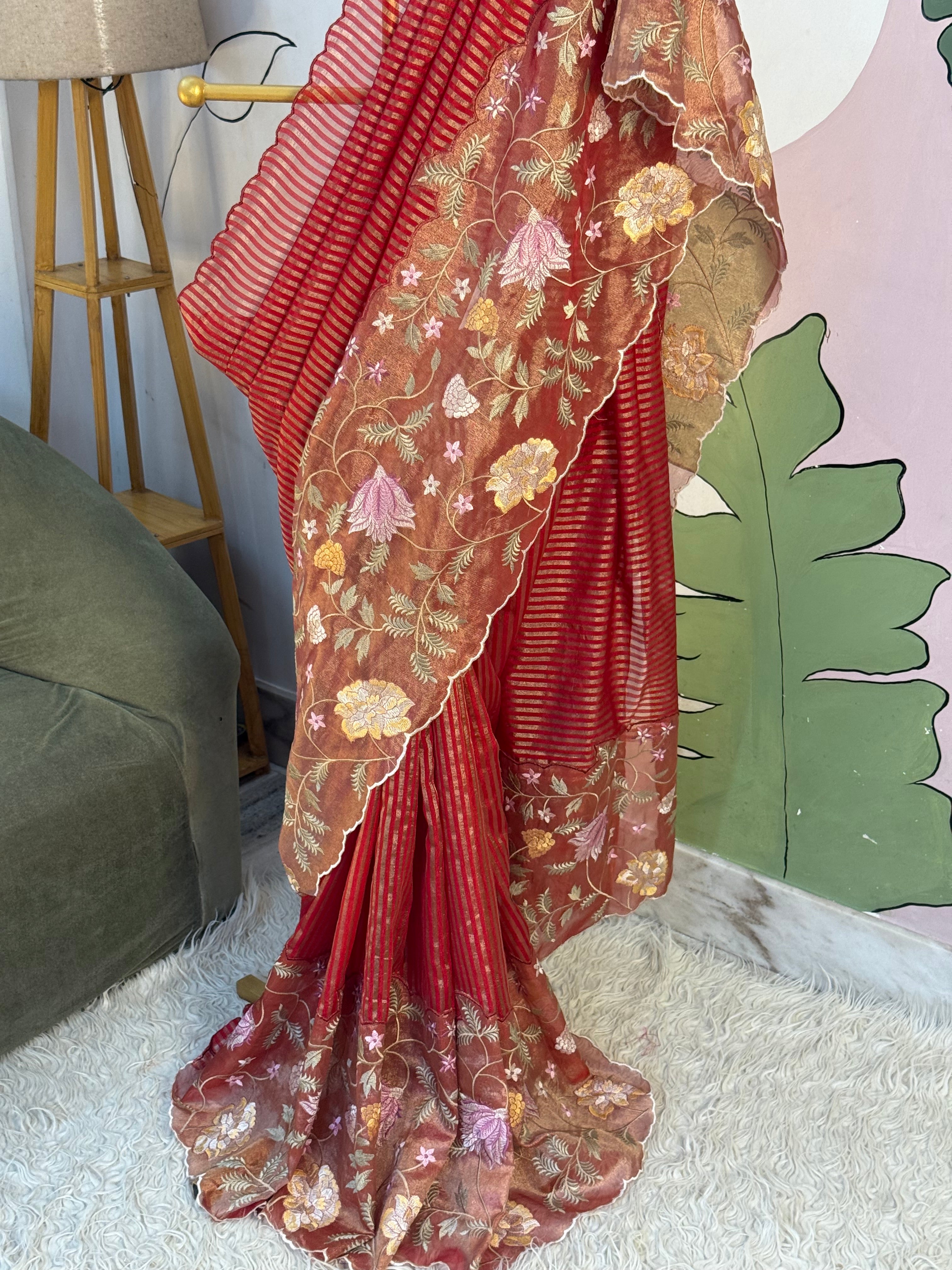Red Designer Chiniya Tissue Silk Stripe Saree with multi color floral embroidered on Tissue Base