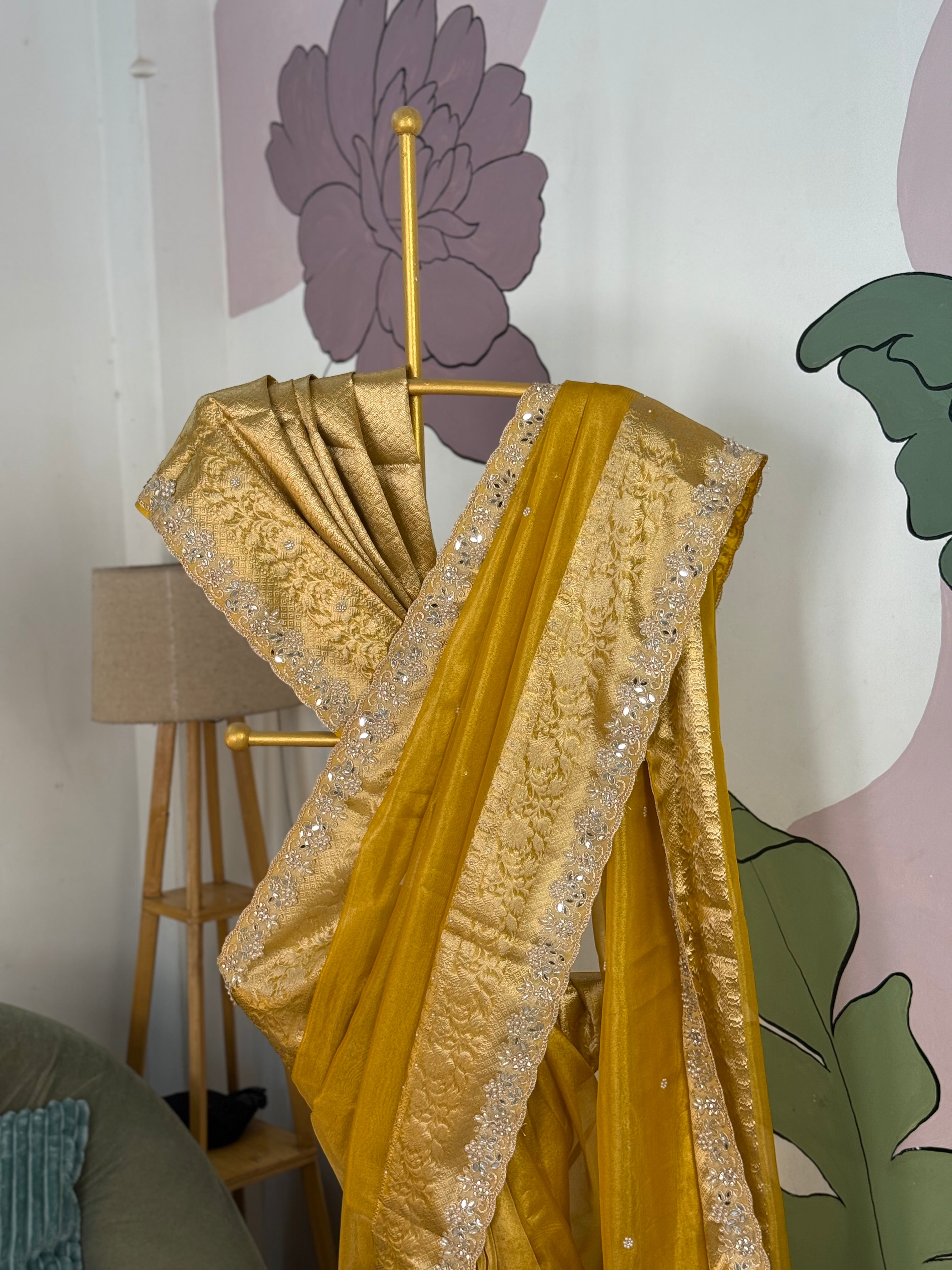 Designer Banarasi Tissue Saree with Pearl Work on all over Body with Intricate Border and Pallu Design Along with Gotta Patti Lace Work