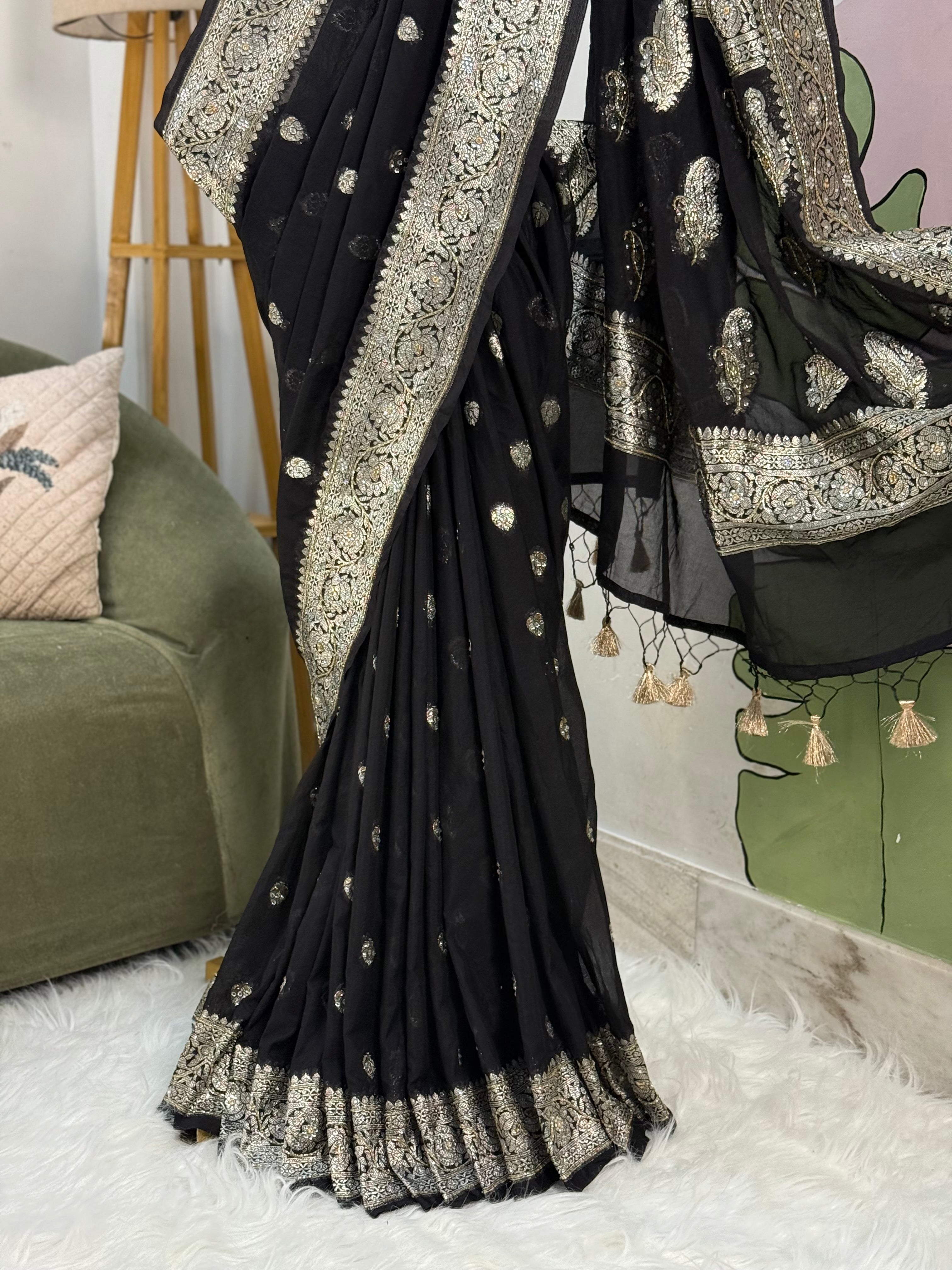 Black Aishwarya Georgette Designer Saree with cutdana handwork