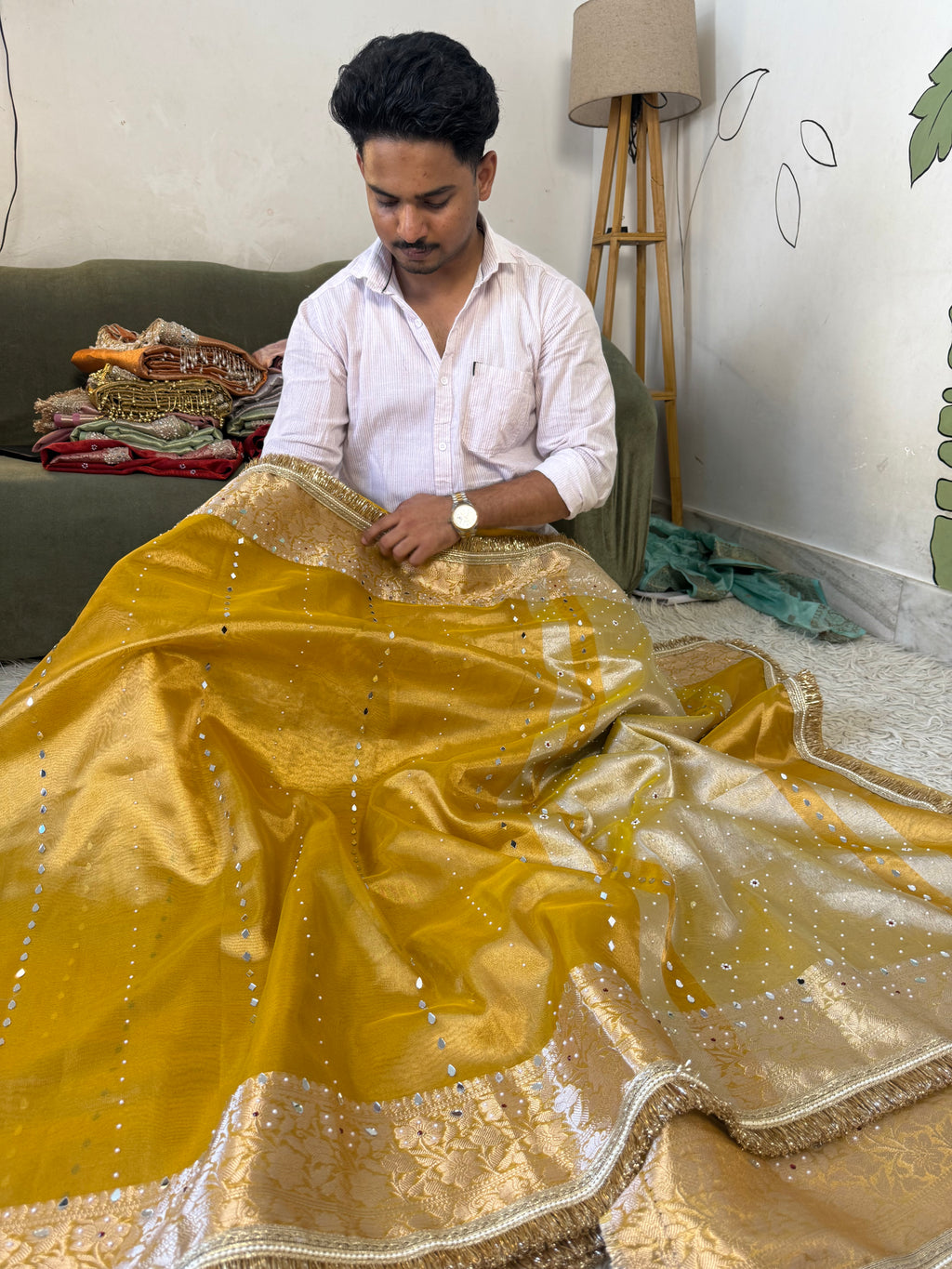 Designer Banarasi Tissue Saree with mirror Work on all over Body with Intricate Border and Pallu Design Along with heavy mirror work and Gotta Patti Lace Work