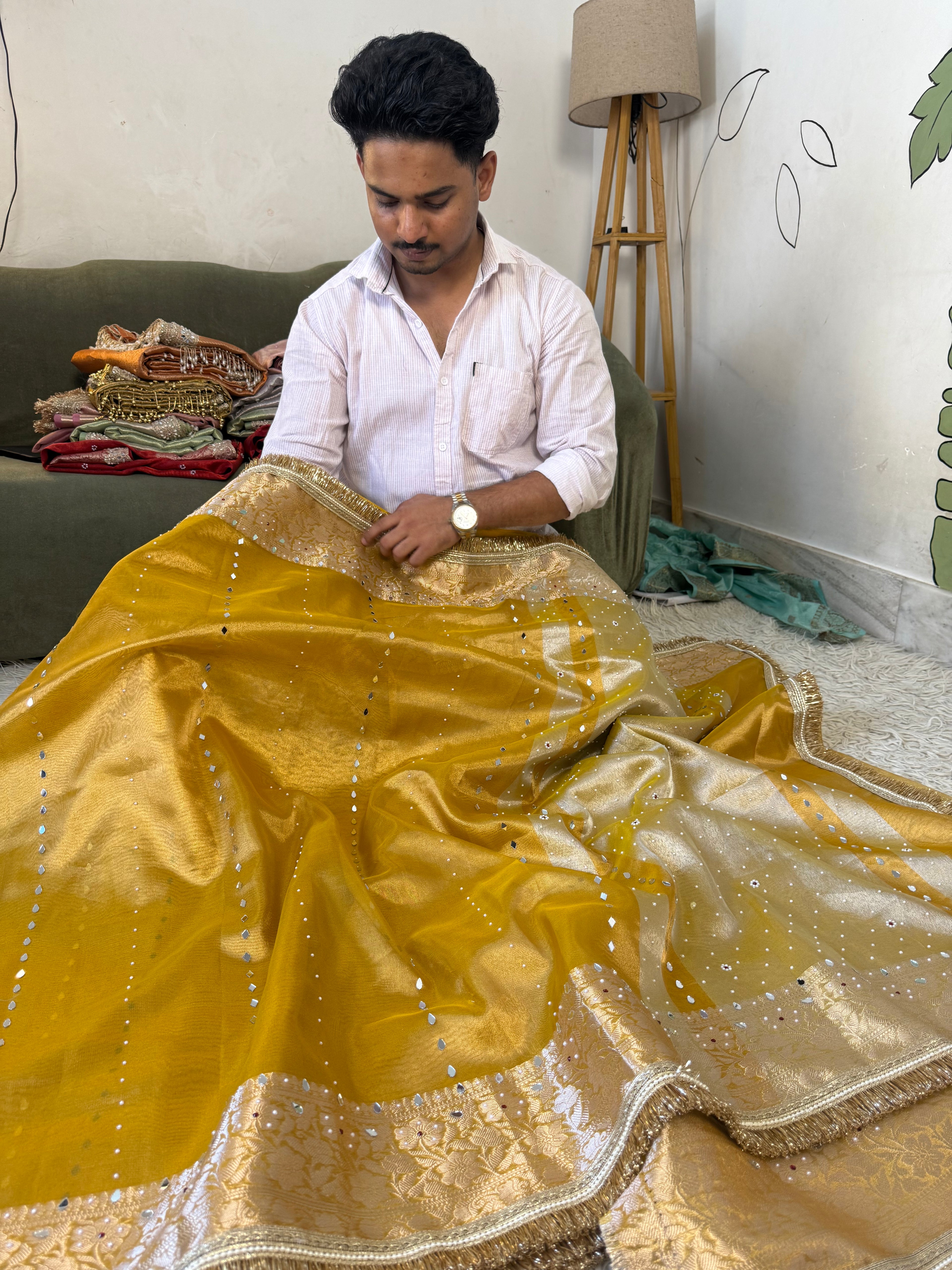 Designer Banarasi Tissue Saree with mirror Work on all over Body with Intricate Border and Pallu Design Along with heavy mirror work and Gotta Patti Lace Work