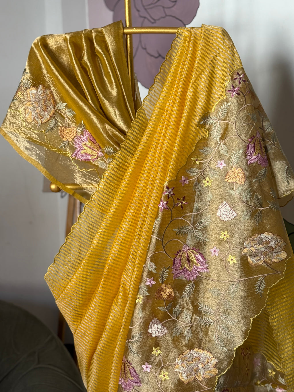 Yellow Designer Chiniya Tissue Silk Stripe Saree with multi color floral embroidered on Tissue Base