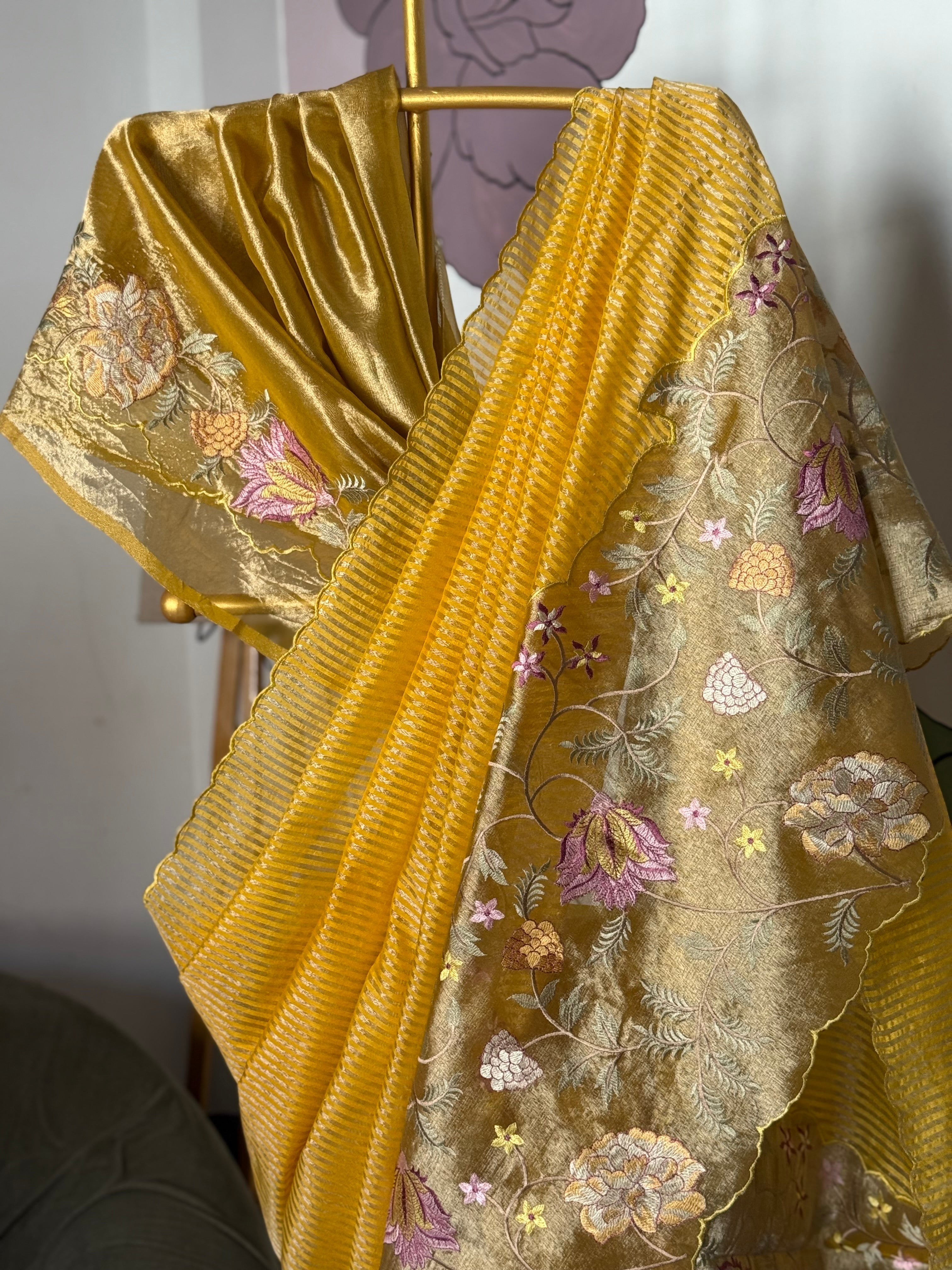 Yellow Designer Chiniya Tissue Silk Stripe Saree with multi color floral embroidered on Tissue Base