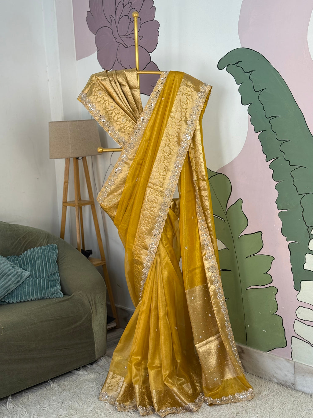 Designer Banarasi Tissue Saree with Pearl Work on all over Body with Intricate Border and Pallu Design Along with Gotta Patti Lace Work