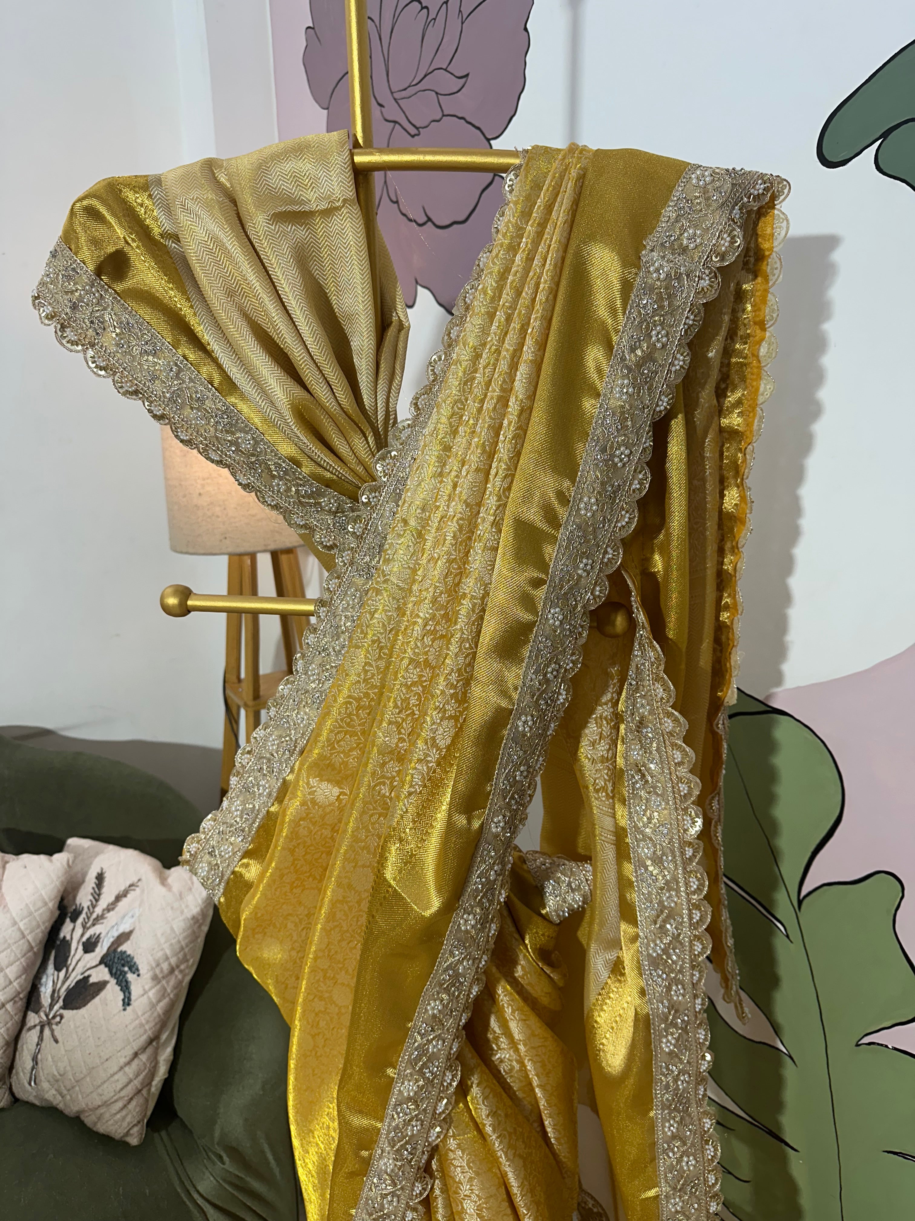 Gold Bridal Kanjeevaram Brocade Tissue Saree with Designer Pearl and Mirror Lace Work Jhalar Lace on Pallu 