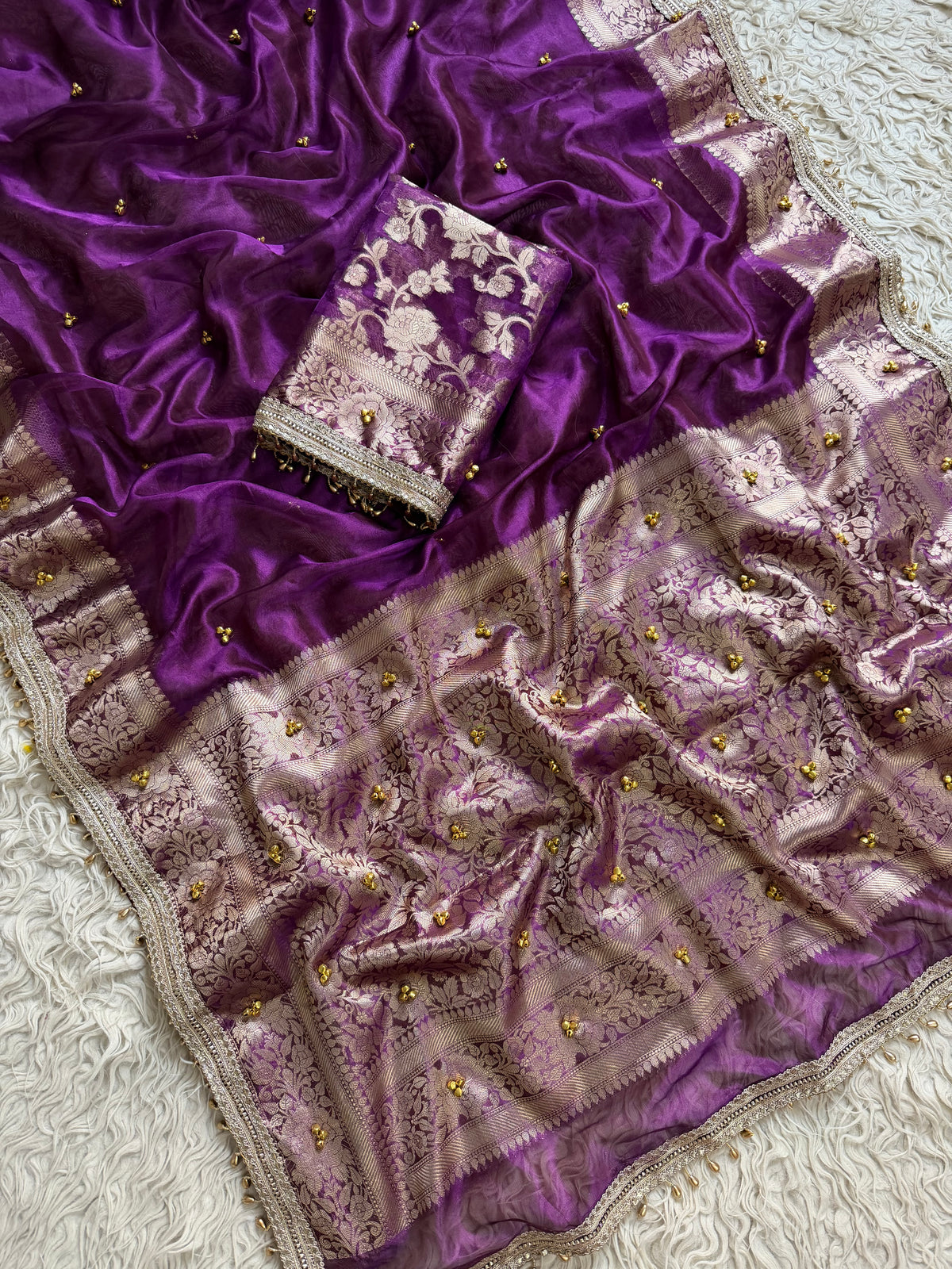 Deep purple Banarasi tissue saree X ghungroo work