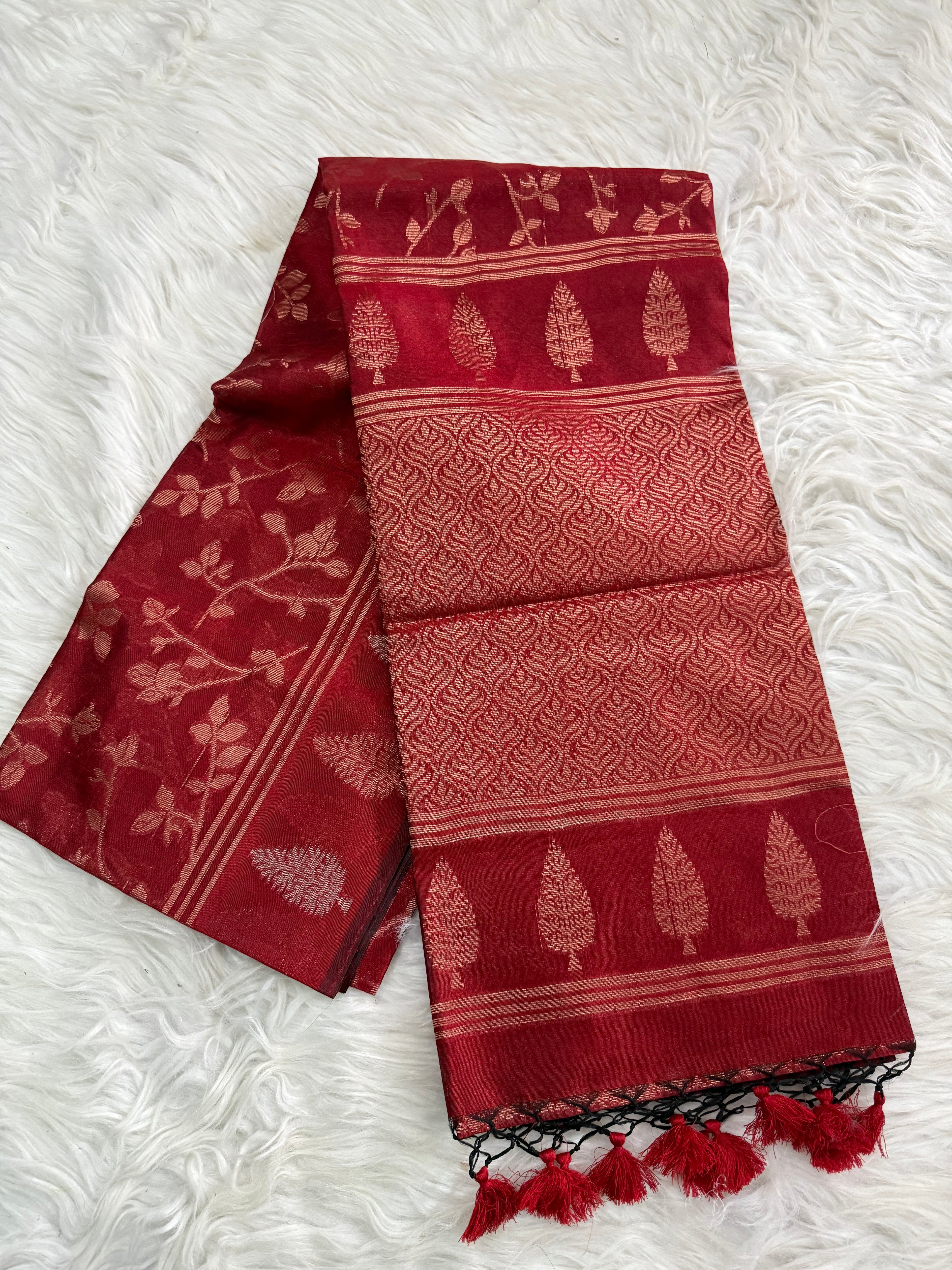 Red Semi Tussar Silk Saree