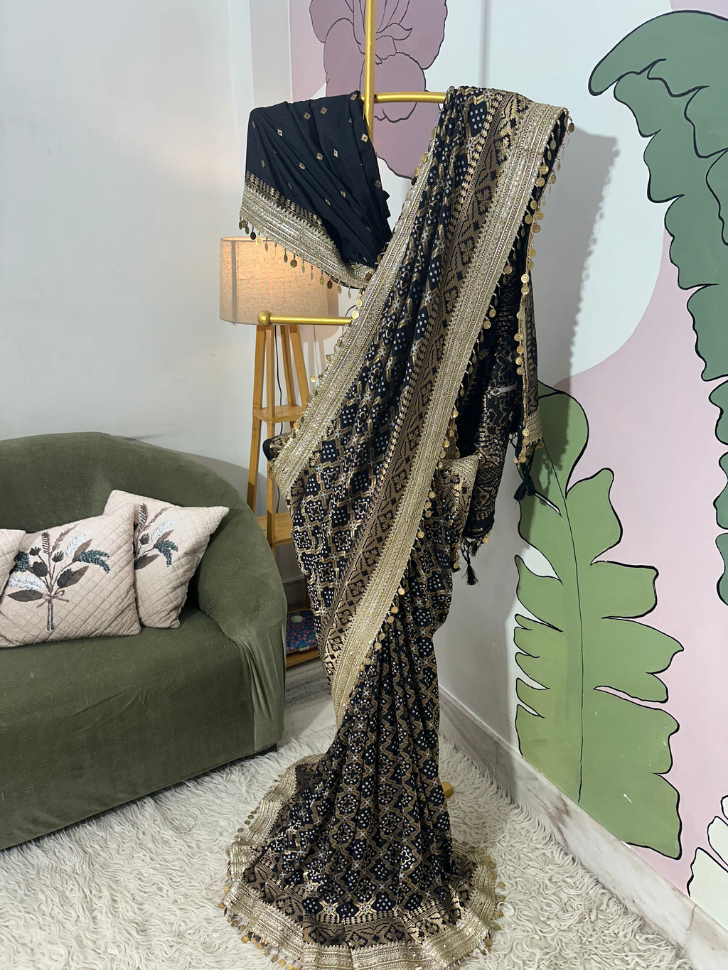 Black Designer Georgette Katan Silk Saree with Gota Patti and Coin lace