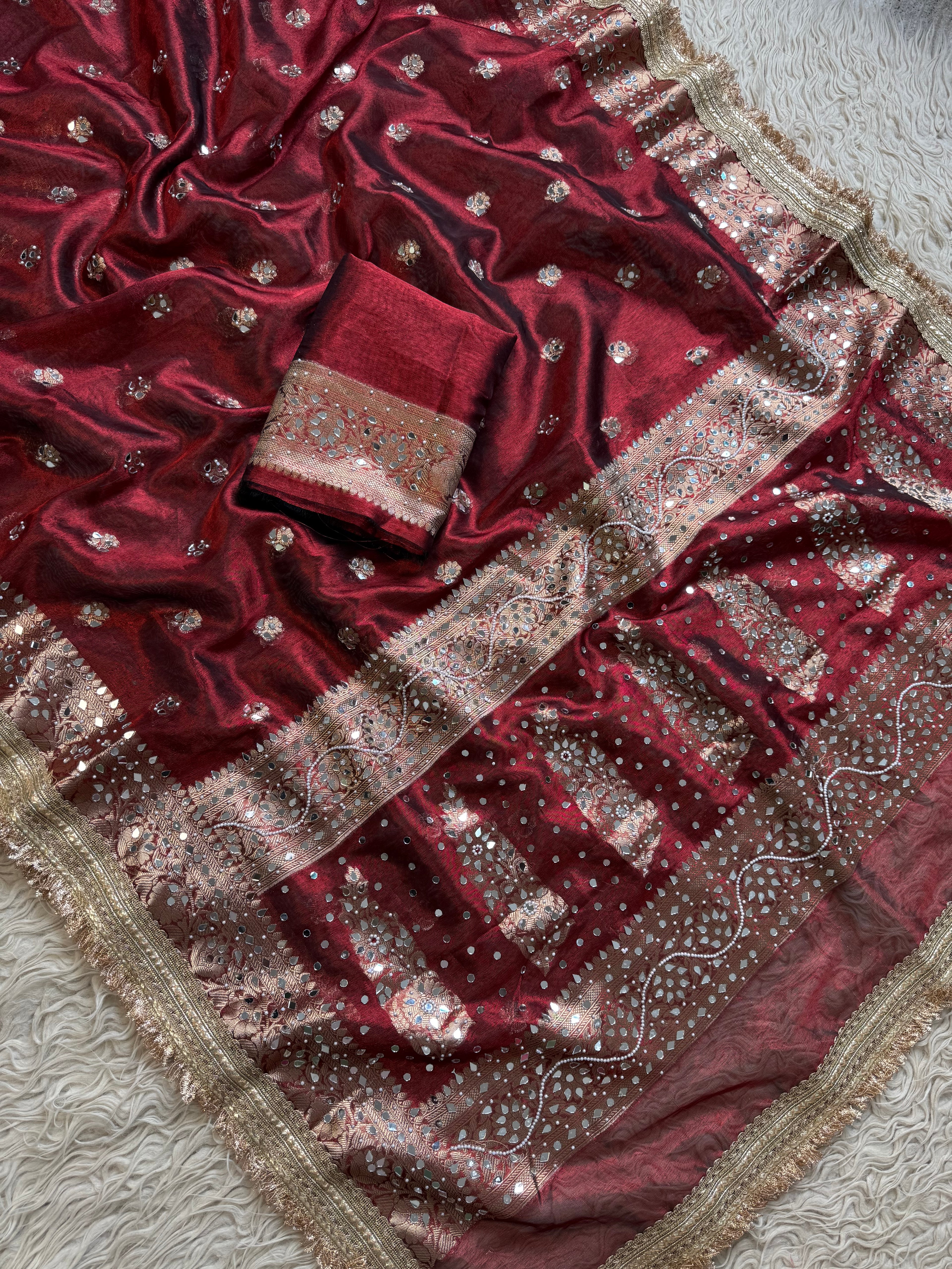 Designer Banarasi Tissue Saree with Pearl Work on all over Body with Intricate Border and Pallu Design Along with Gotta Patti Lace Work