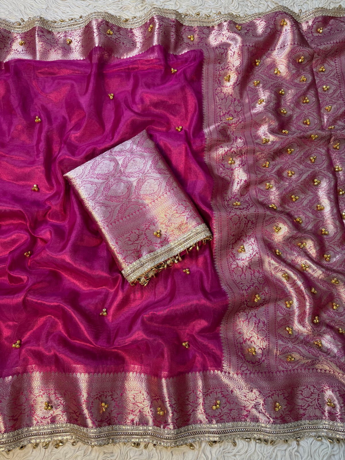 Rani pink Banarasi tissue saree X ghungroo work