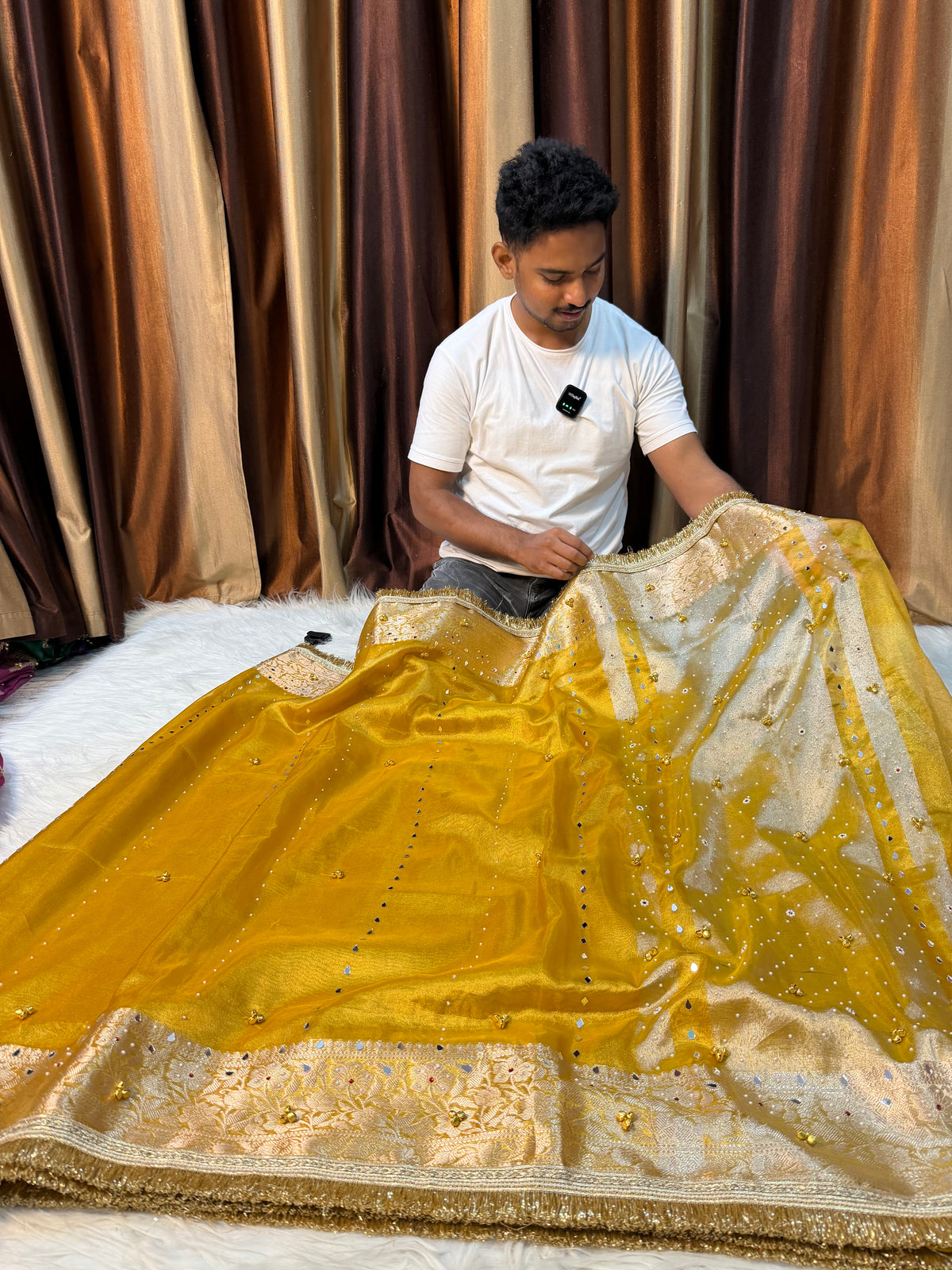 Yellow Banarasi tissue saree X ghungroo and mirror work