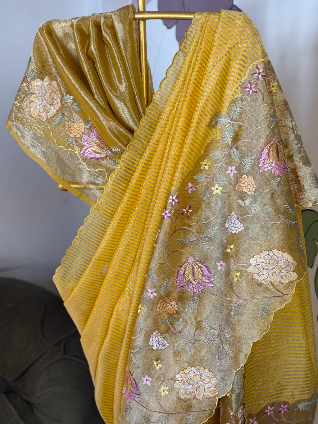 Yellow Designer Chiniya Tissue Silk Stripe Saree with multi color floral embroidered on Tissue Base