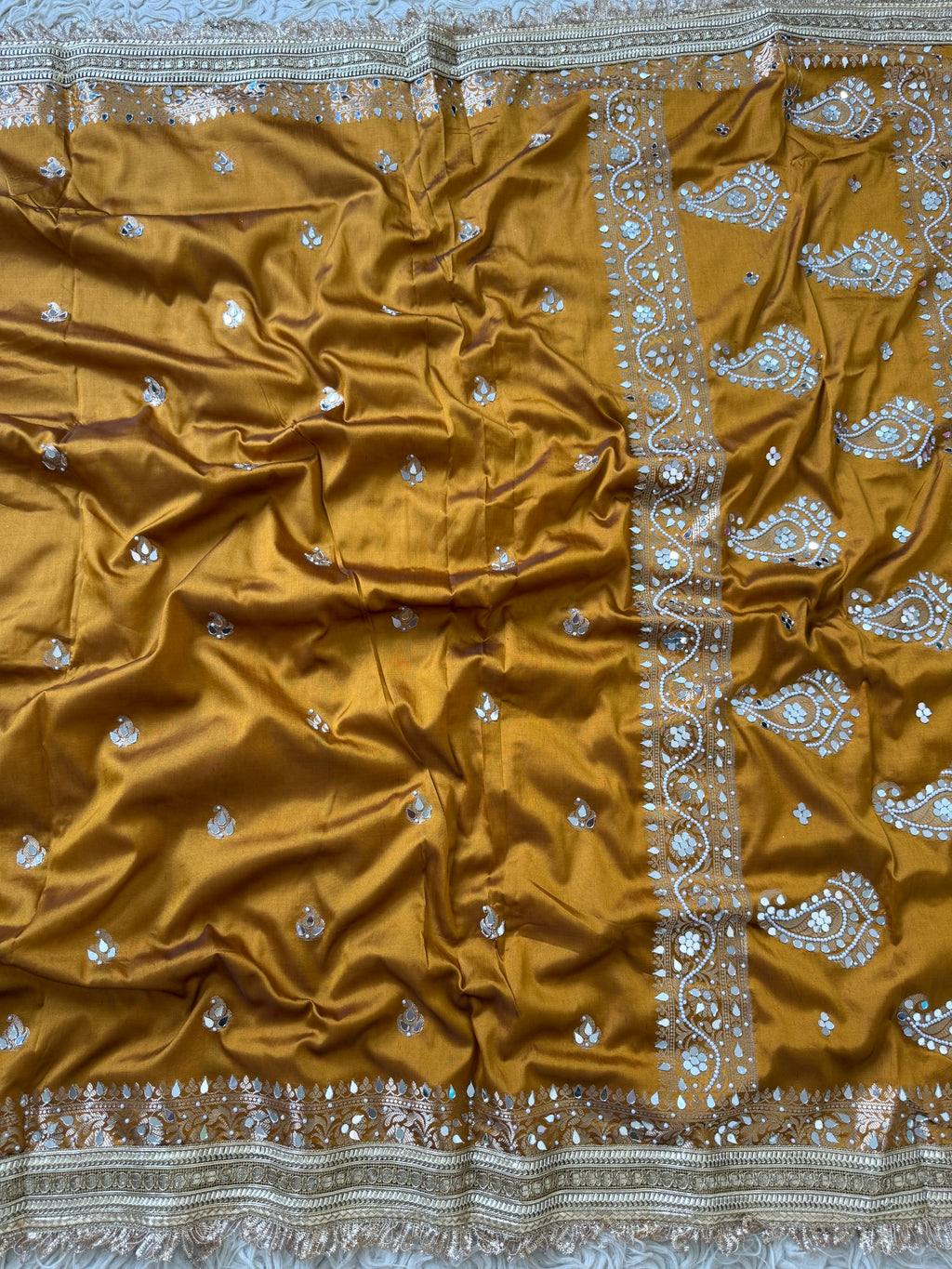 Designer Banarasi katan Saree with Pearl and mirror Work on all over Body with Intricate Border and Pallu Design Along with Gotta Patti Lace Work