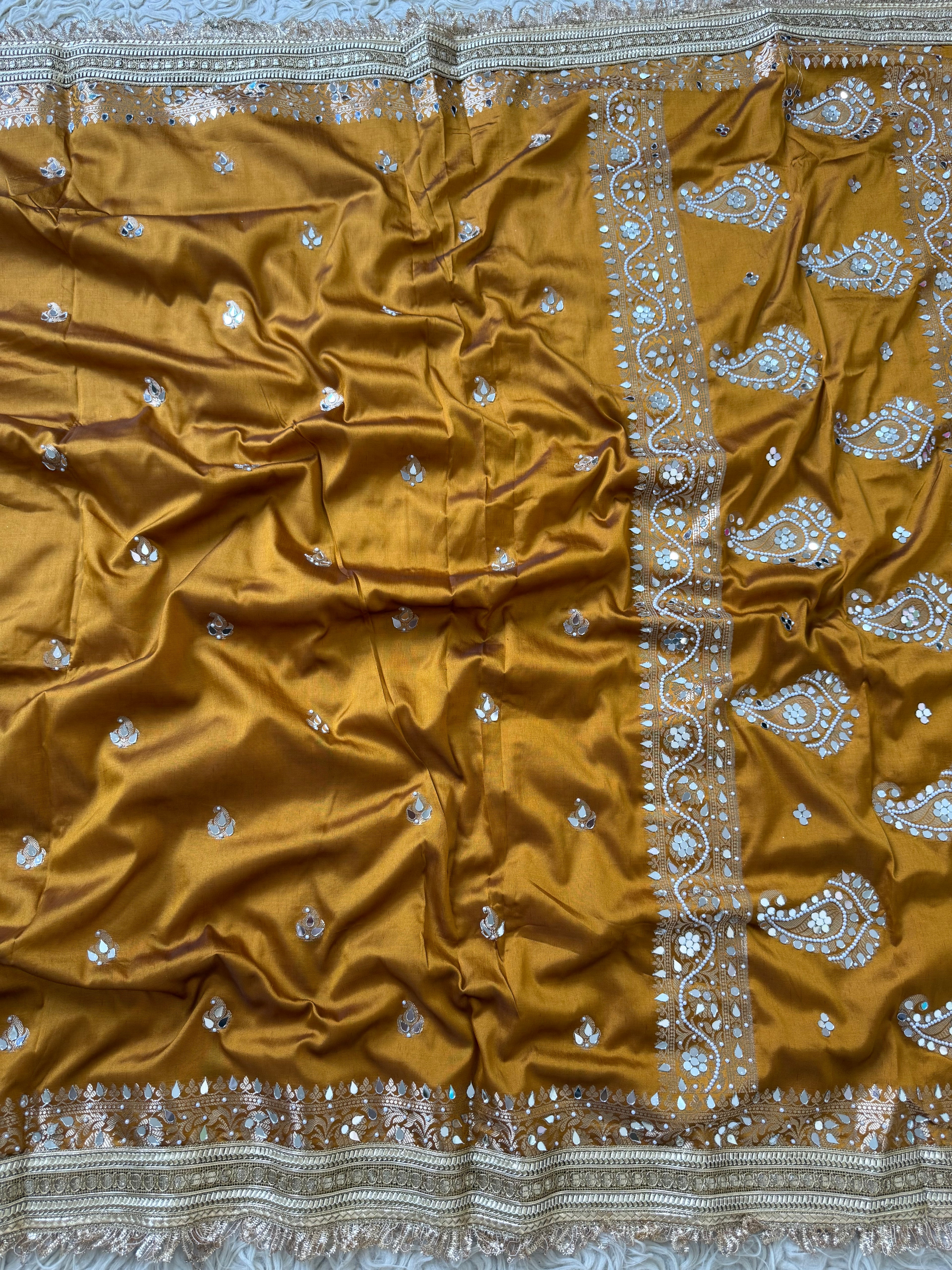 Designer Banarasi katan Saree with Pearl and mirror Work on all over Body with Intricate Border and Pallu Design Along with Gotta Patti Lace Work