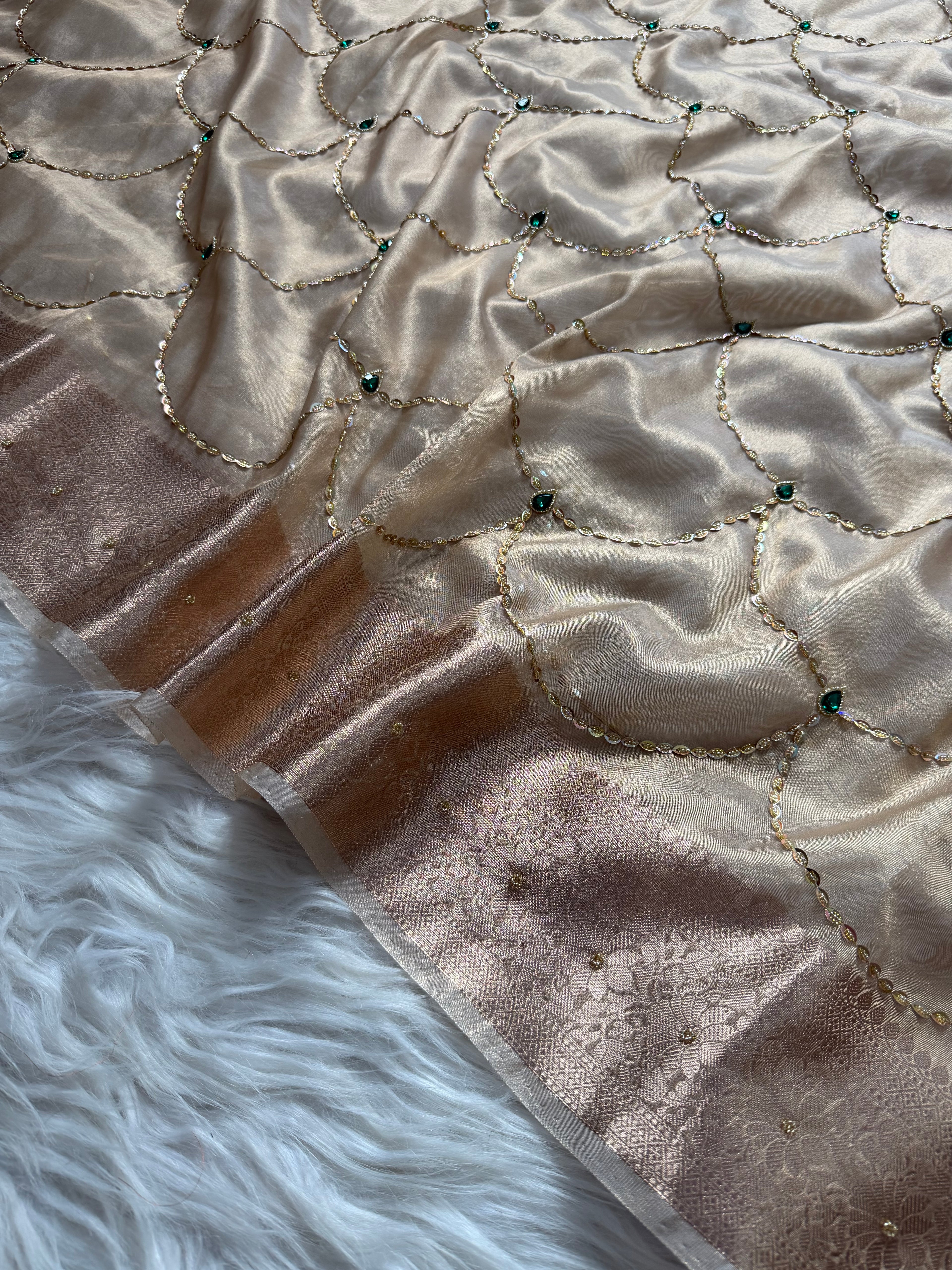 Ivory with emerald green shade combo handwork tissue Banarasi saree