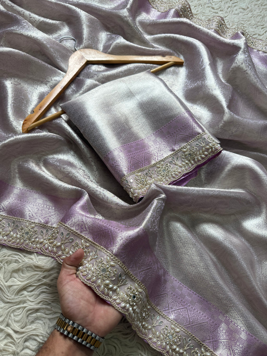 Lilac Bridal Kanjeevaram Brocade Tissue Saree with Designer Pearl and Mirror Lace Work
