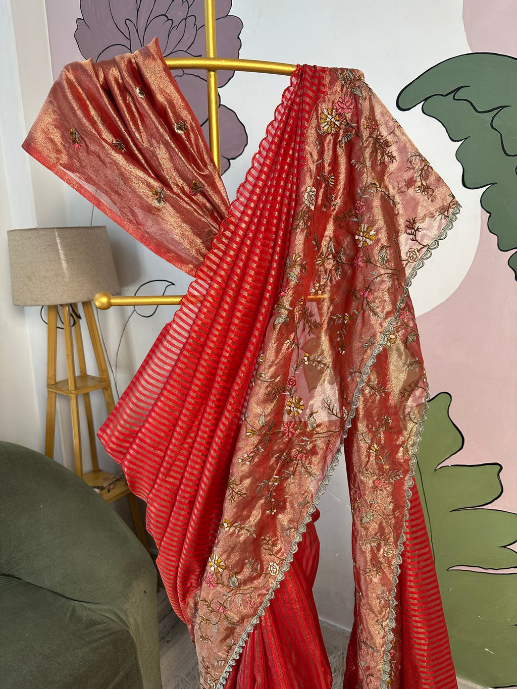 Red Designer Chiniya Tissue Silk Stripe Saree with multi color floral embroidered on Tissue Base