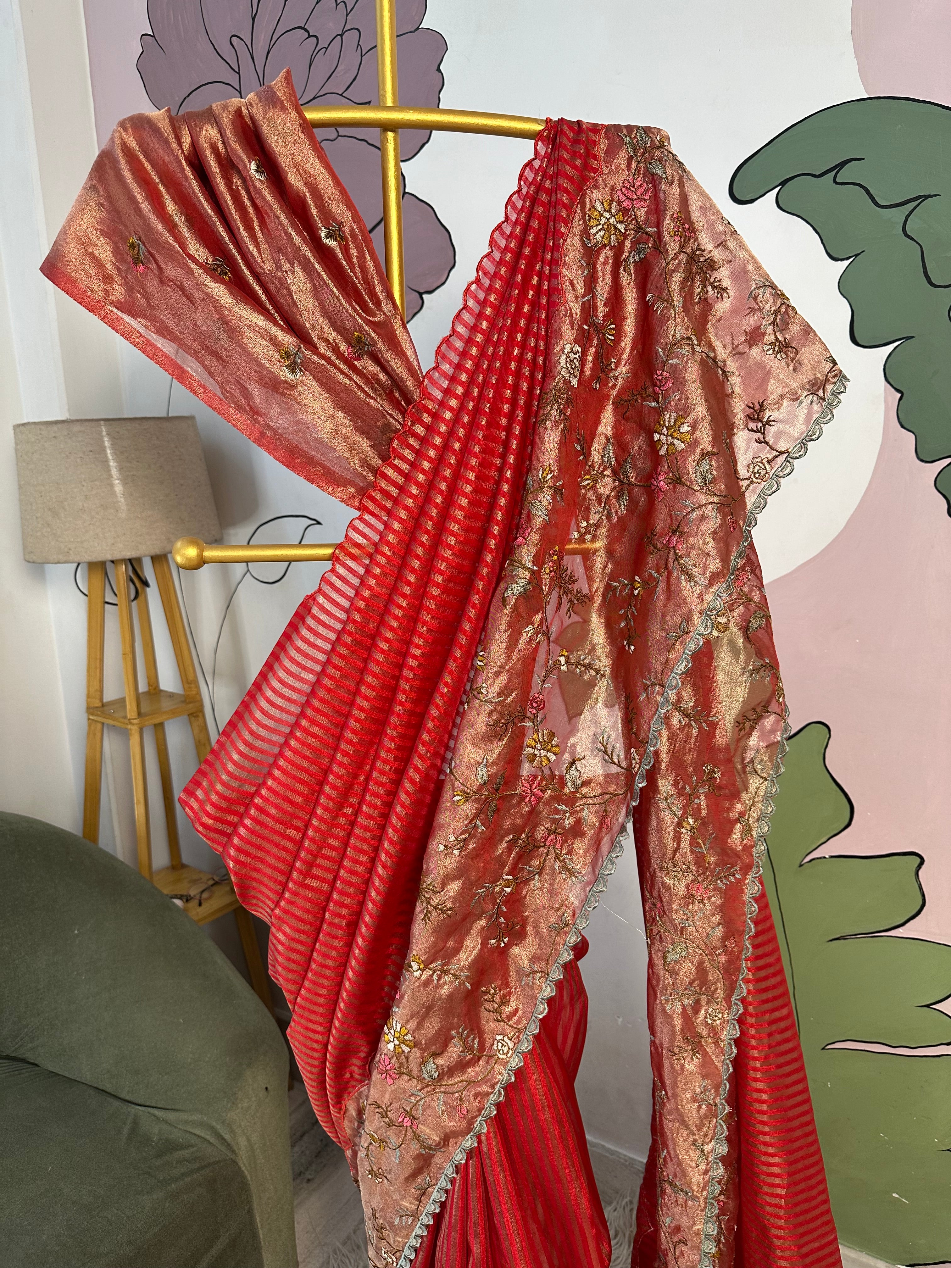 Red Designer Chiniya Tissue Silk Stripe Saree with multi color floral embroidered on Tissue Base