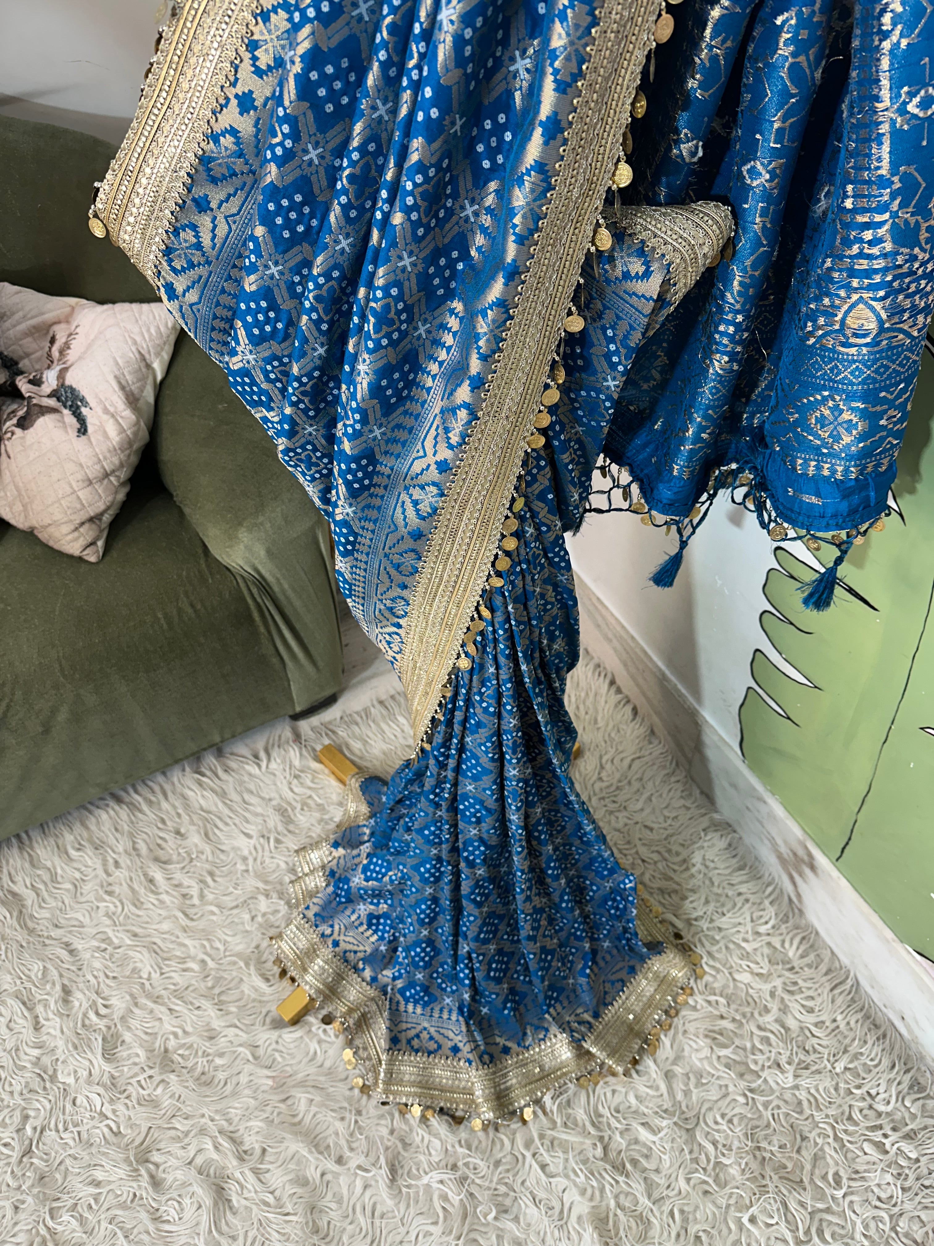 Teal Blue Designer Georgette Katan Silk Saree with Gota Patti and Coin lace