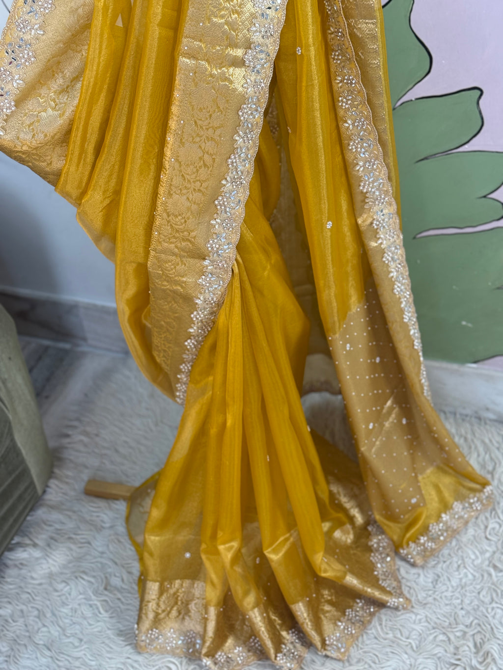 Designer Banarasi Tissue Saree with Pearl Work on all over Body with Intricate Border and Pallu Design Along with Gotta Patti Lace Work