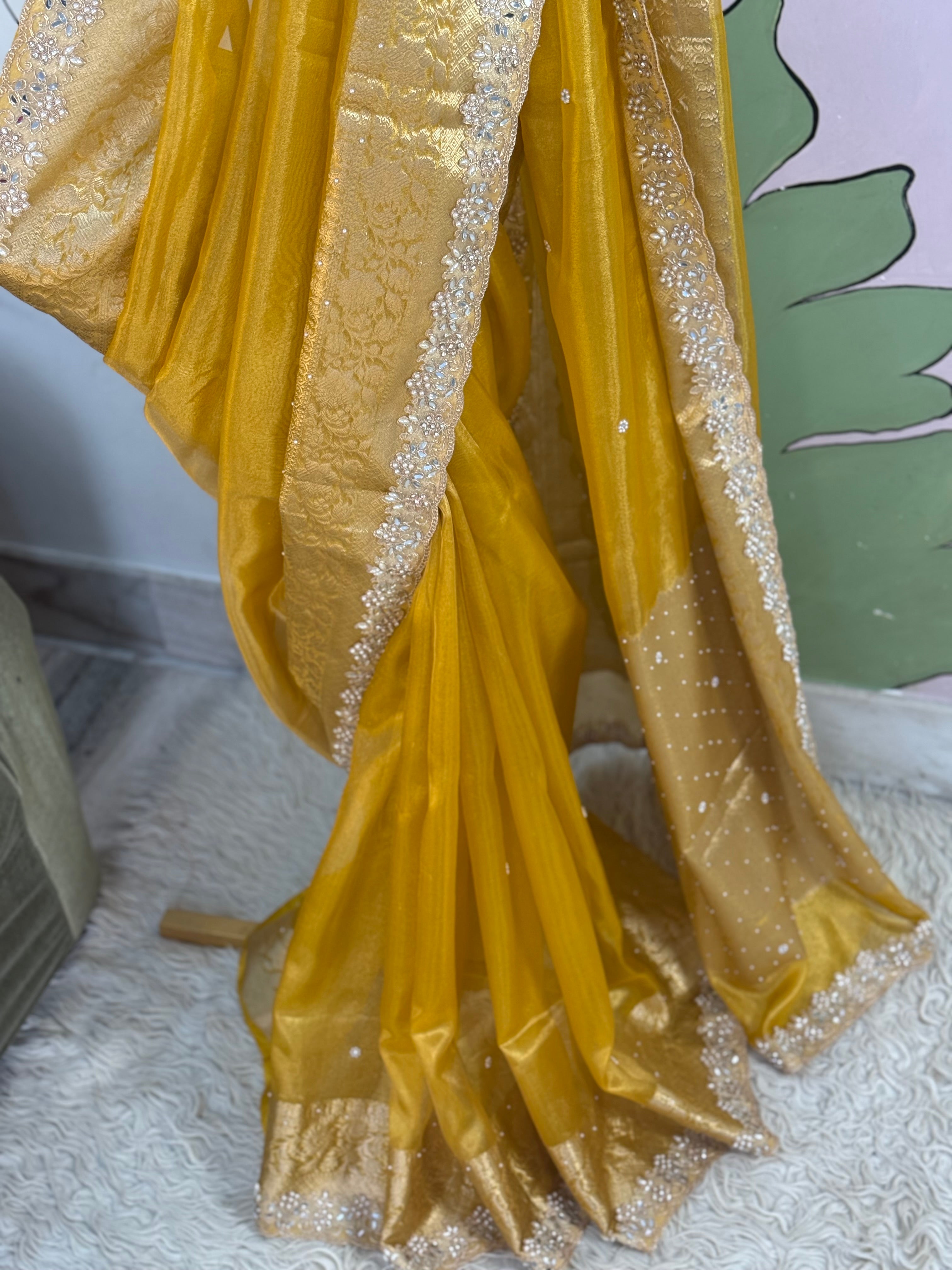 Designer Banarasi Tissue Saree with Pearl Work on all over Body with Intricate Border and Pallu Design Along with Gotta Patti Lace Work
