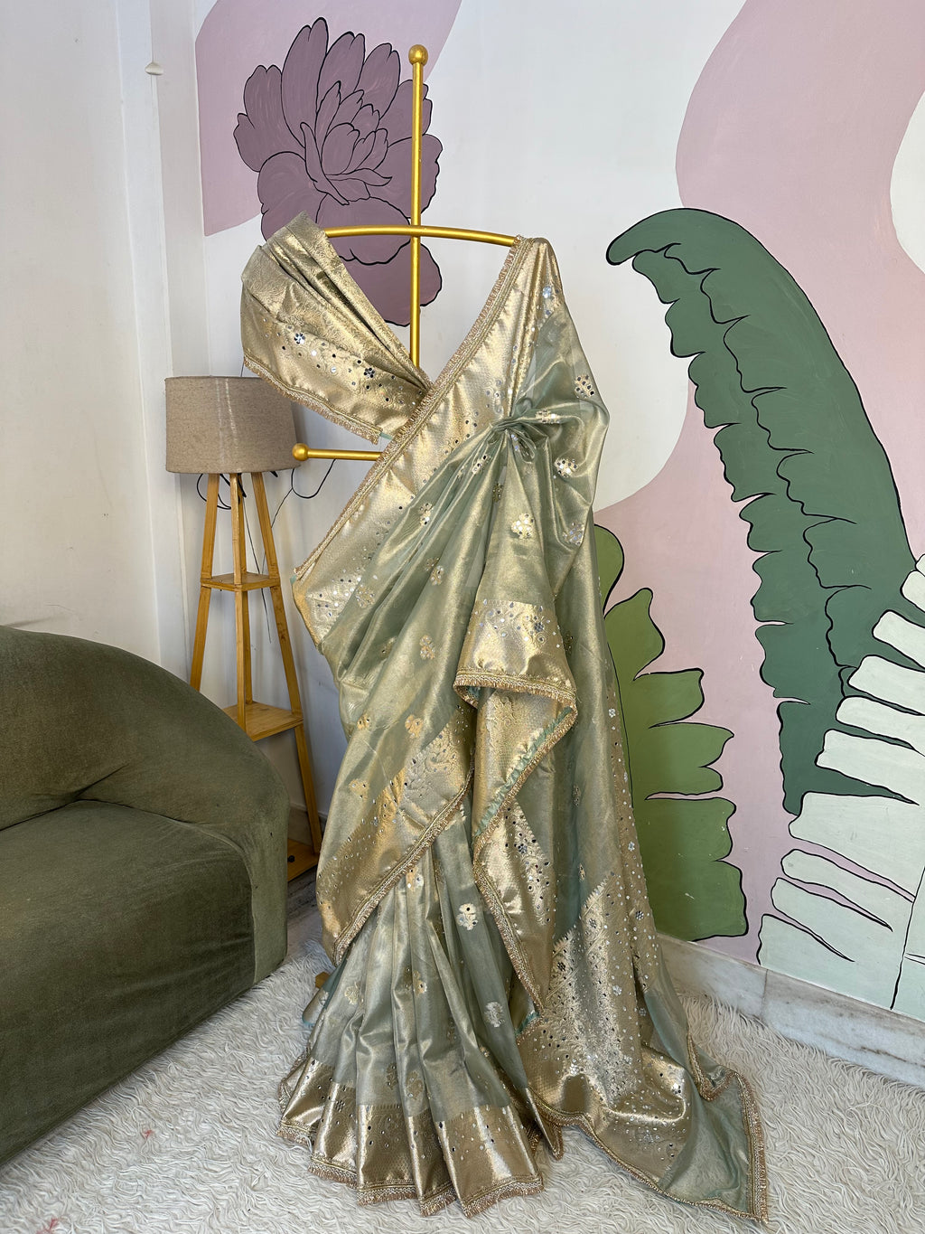 Sea Green Designer Banarasi Tissue Saree with mirror Work on all over Body with Intricate Border and Pallu Design Along with heavy mirror work and Gotta Patti Lace Work