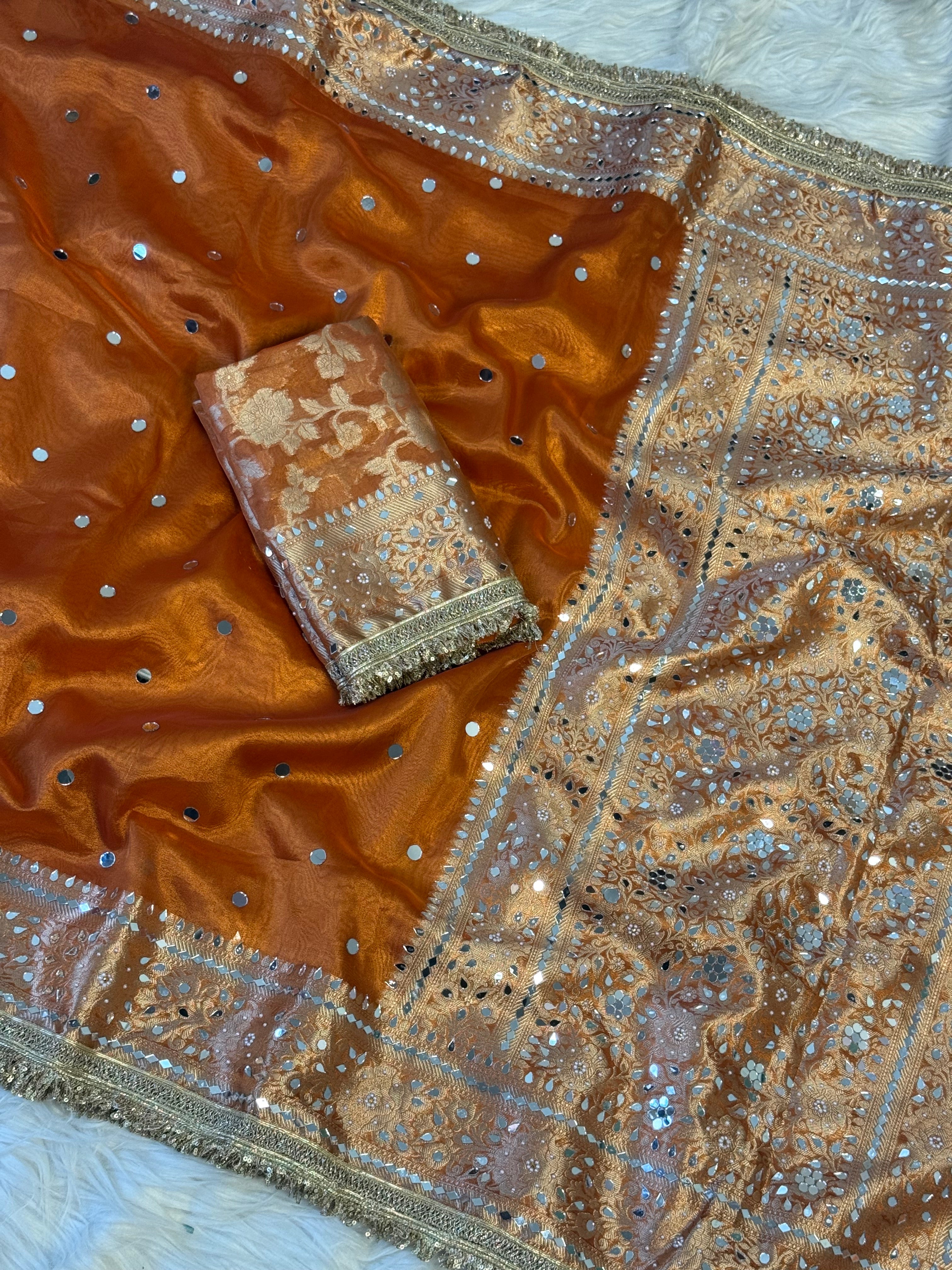 Designer Banarasi Tissue Saree with Pearl and mirror Work on all over Body with Intricate Border and Pallu Design Along with Gotta Patti Lace Work