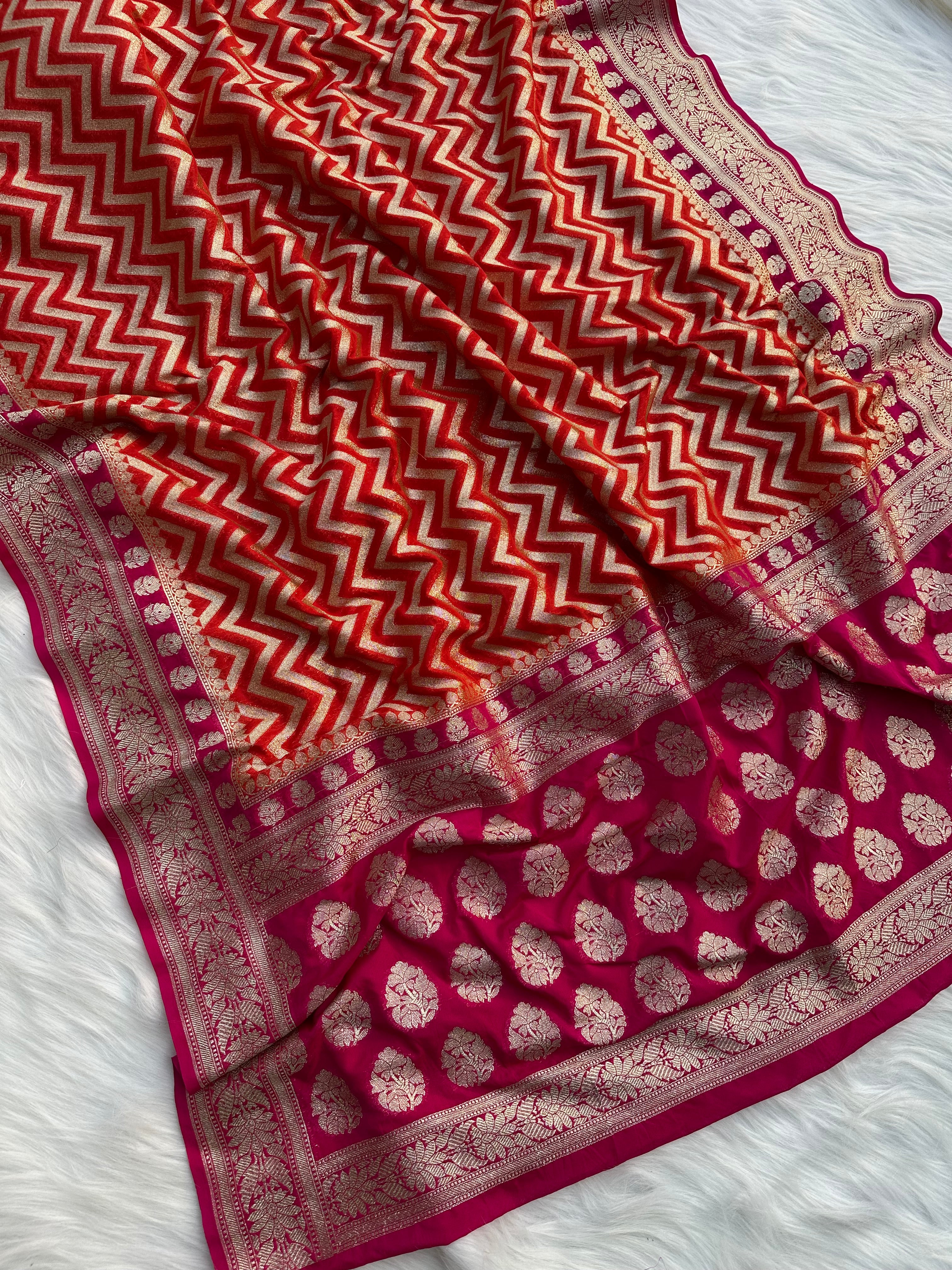 Banarasi Zigzag Georgette Saree in Rani pink and orange Color