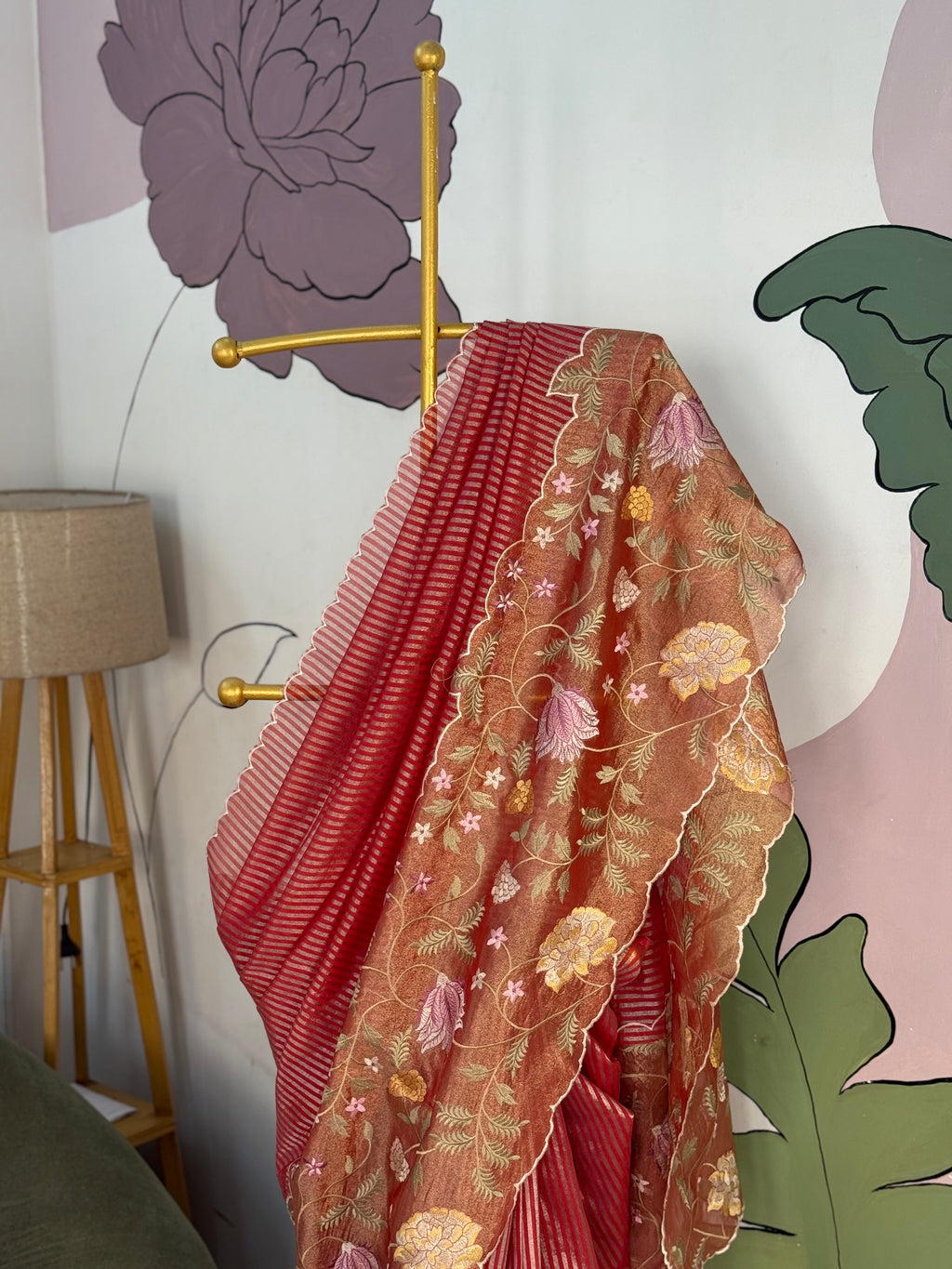 Red Designer Chiniya Tissue Silk Stripe Saree with multi color floral embroidered on Tissue Base