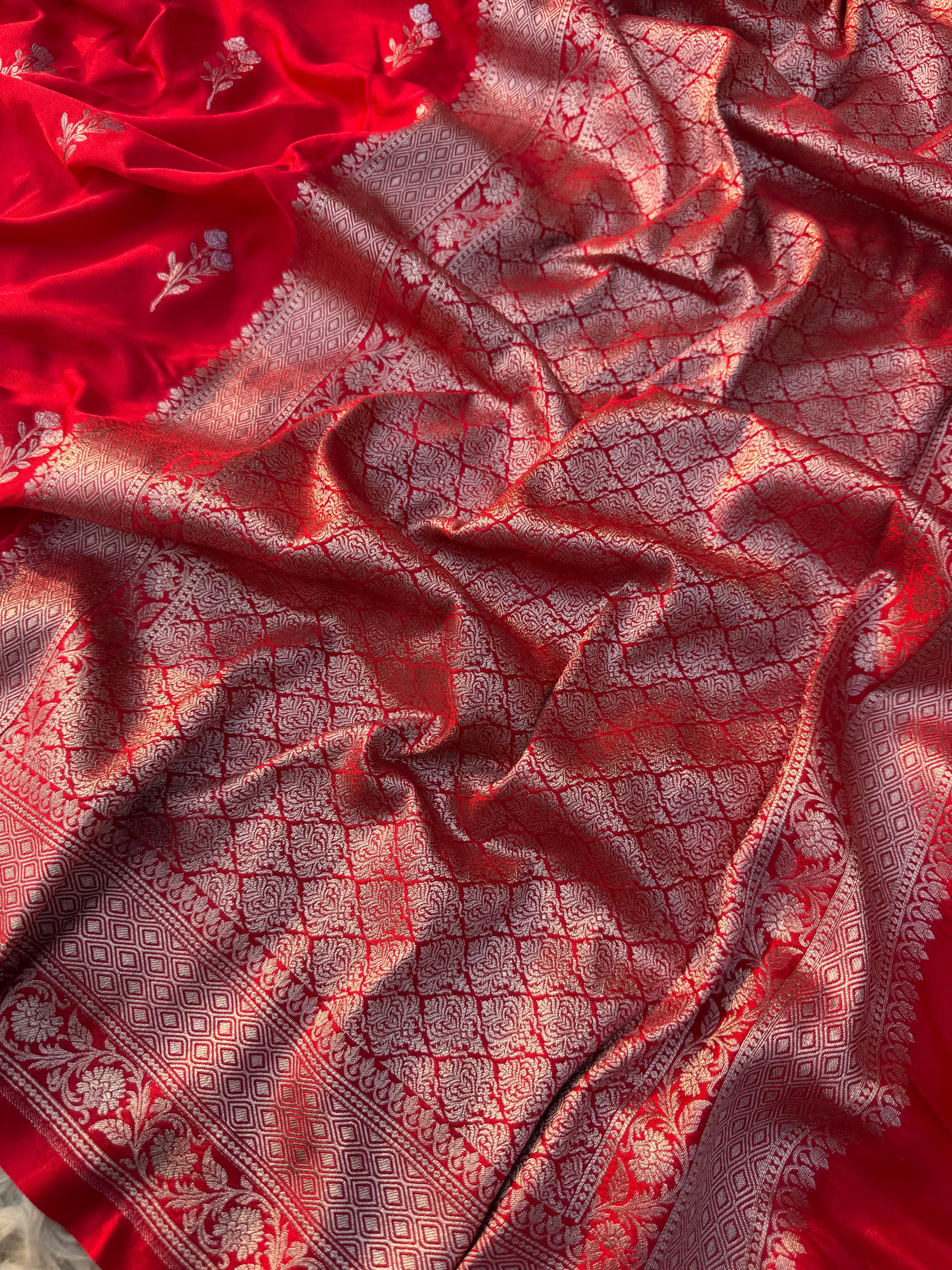 Red Banarasi Mashru Silk Saree All Over Alfi Meena Buta