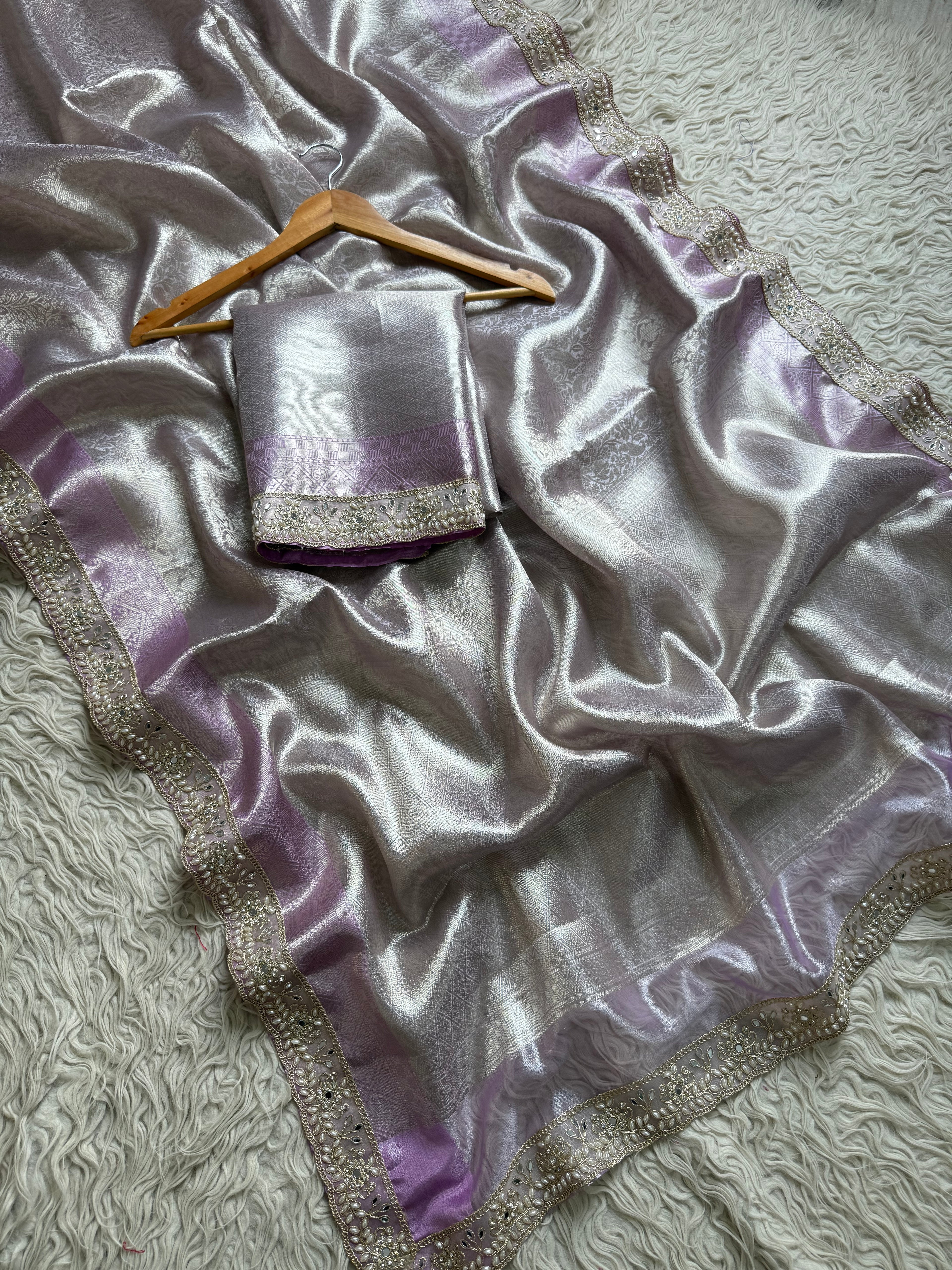 Lilac Bridal Kanjeevaram Brocade Tissue Saree with Designer Pearl and Mirror Lace Work