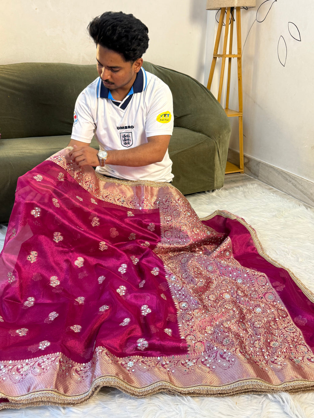 Designer Banarasi Tissue Saree with mirror Work on all over Body with Intricate Border and Pallu Design Along with heavy mirror work and Gotta Patti Lace Work