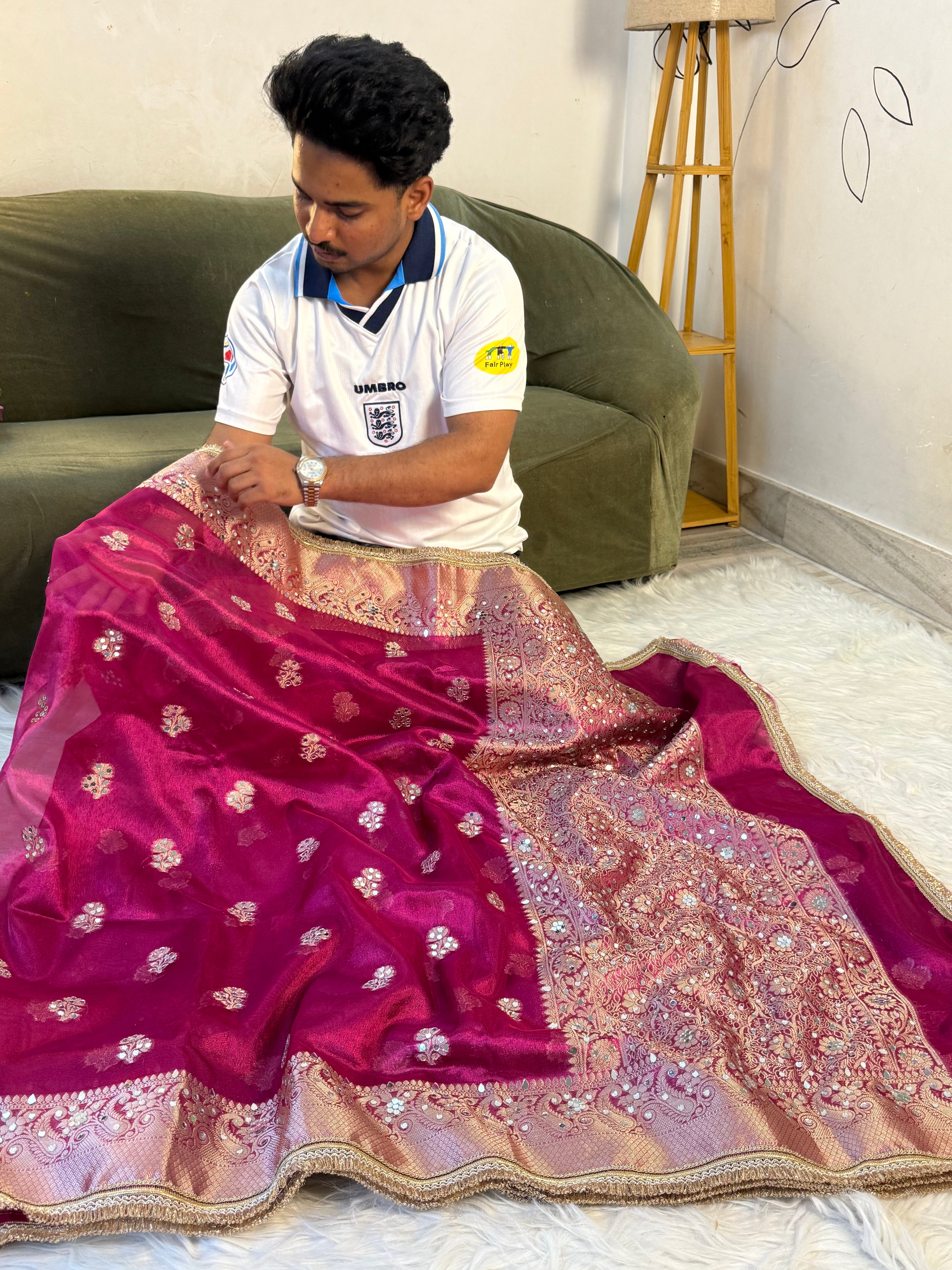 Designer Banarasi Tissue Saree with mirror Work on all over Body with Intricate Border and Pallu Design Along with heavy mirror work and Gotta Patti Lace Work