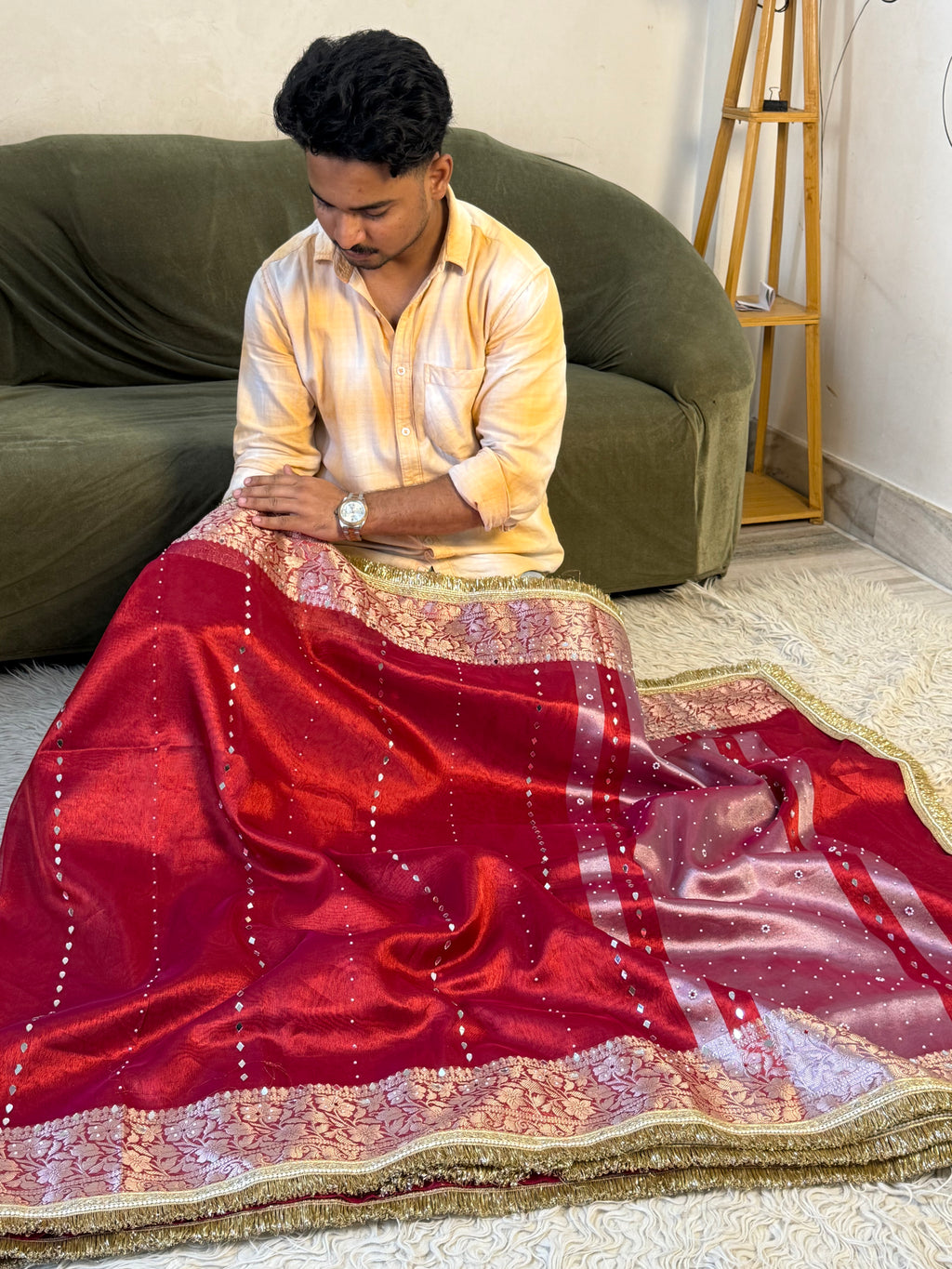 Designer Banarasi Tissue Saree with mirror Work on all over Body with Intricate Border and Pallu Design Along with heavy mirror work and Gotta Patti Lace Work