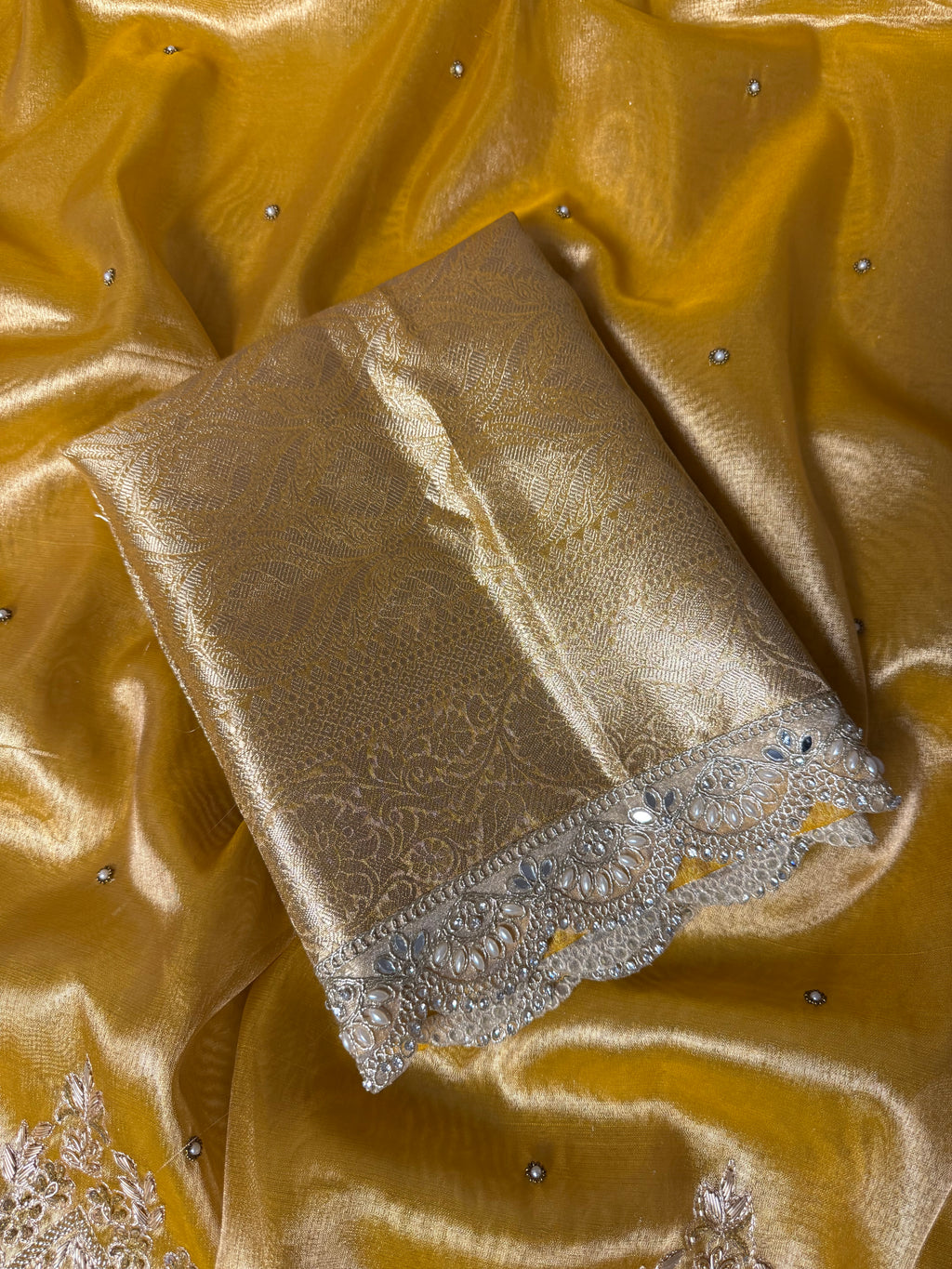 Pretty yellow Shade Banarasi Tissue Silk Zardozi Handwork Saree