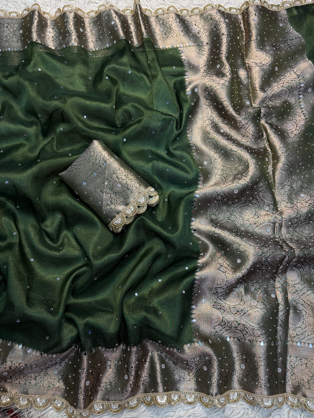 Mehendi green Designer Banarasi Tissue Saree with Pearl Work on all over Body with Intricate Border and Pallu Design Along with Gotta Patti Lace Work