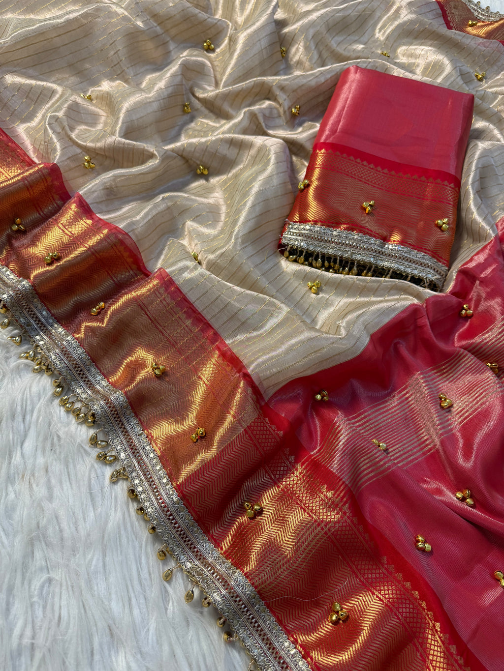 Ivory Red Banarasi tissue saree X ghungroo work