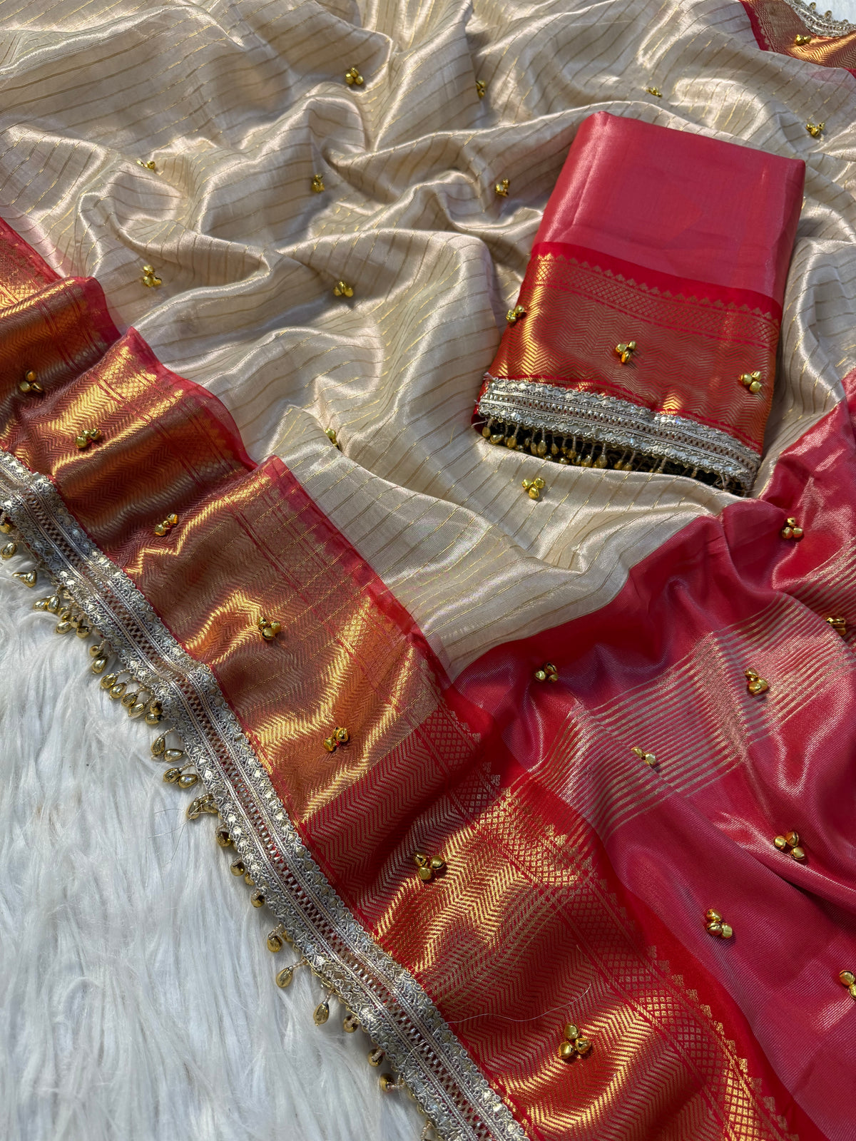 Ivory Red Banarasi tissue saree X ghungroo work